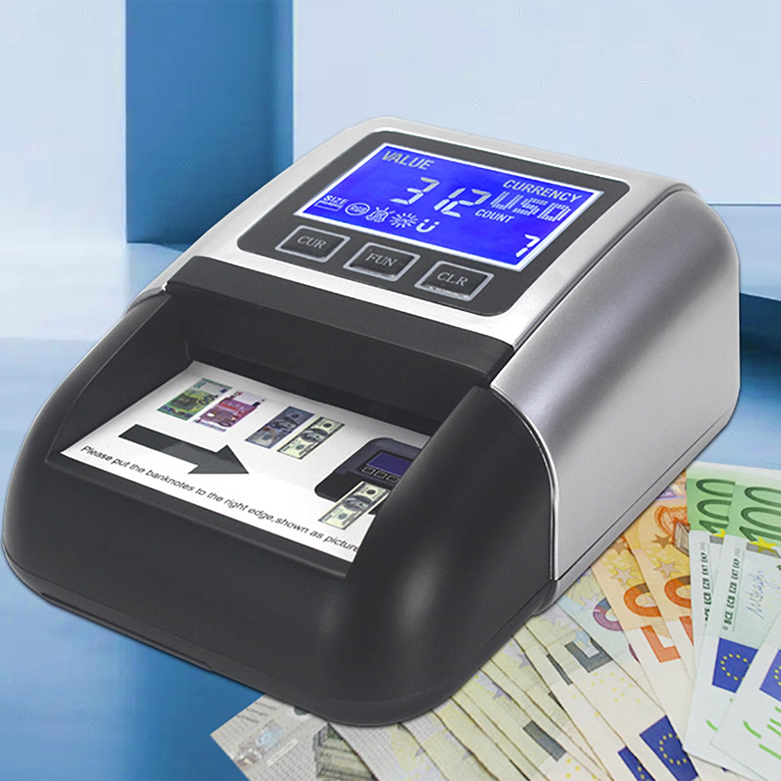 Rilevatore di Banconote False, Rilevatore di Banconote Piccole Dimensioni con 3 Teste E Rilevamento di 4 Direzioni, 7 Allarmi Anti-contraffazione E Valuta Contraffatta, per Dollaro, Euro