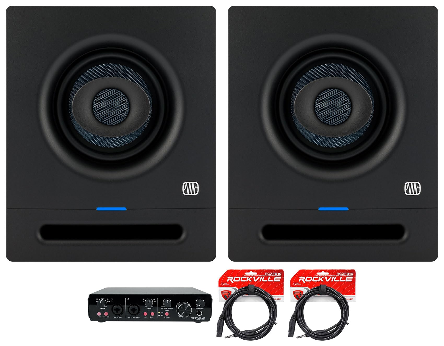 Audiosavings Bundle: (2) Presonus Eris Pro 4 Powered Studio Monitor Speaker Bundle with (1) Rockville R-Track Computer Recording Interface & (2) Rockville RCXFB10B 10' Female XLR to 1/4'' TRS Cable