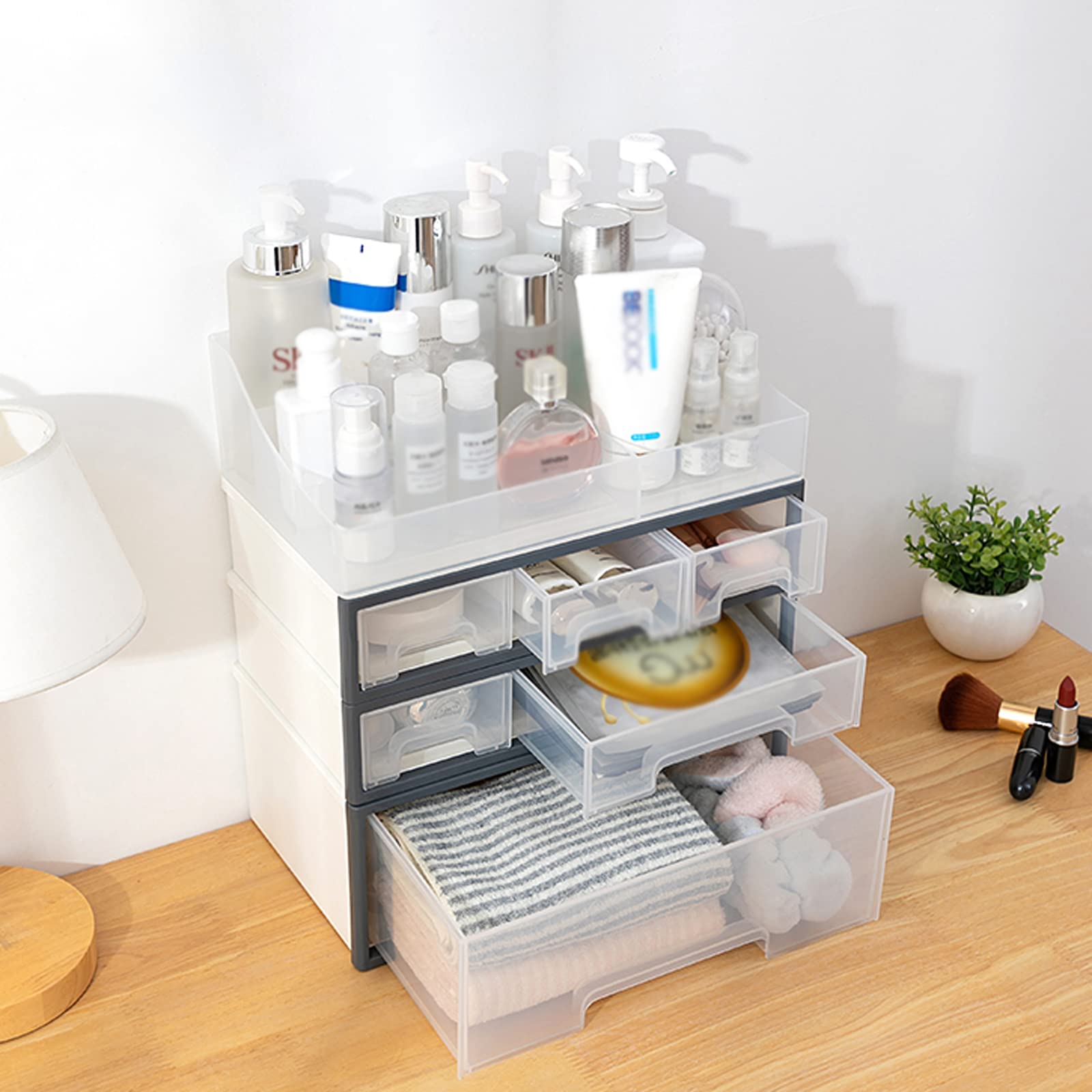 Boîte de rangement pour cosmétiques, organisateur de maquillage avec tiroirs, empilable, pour soins de la peau et bijoux, idéale pour les pinceaux, rouges à lèvres, vernis à ongles et accessoires