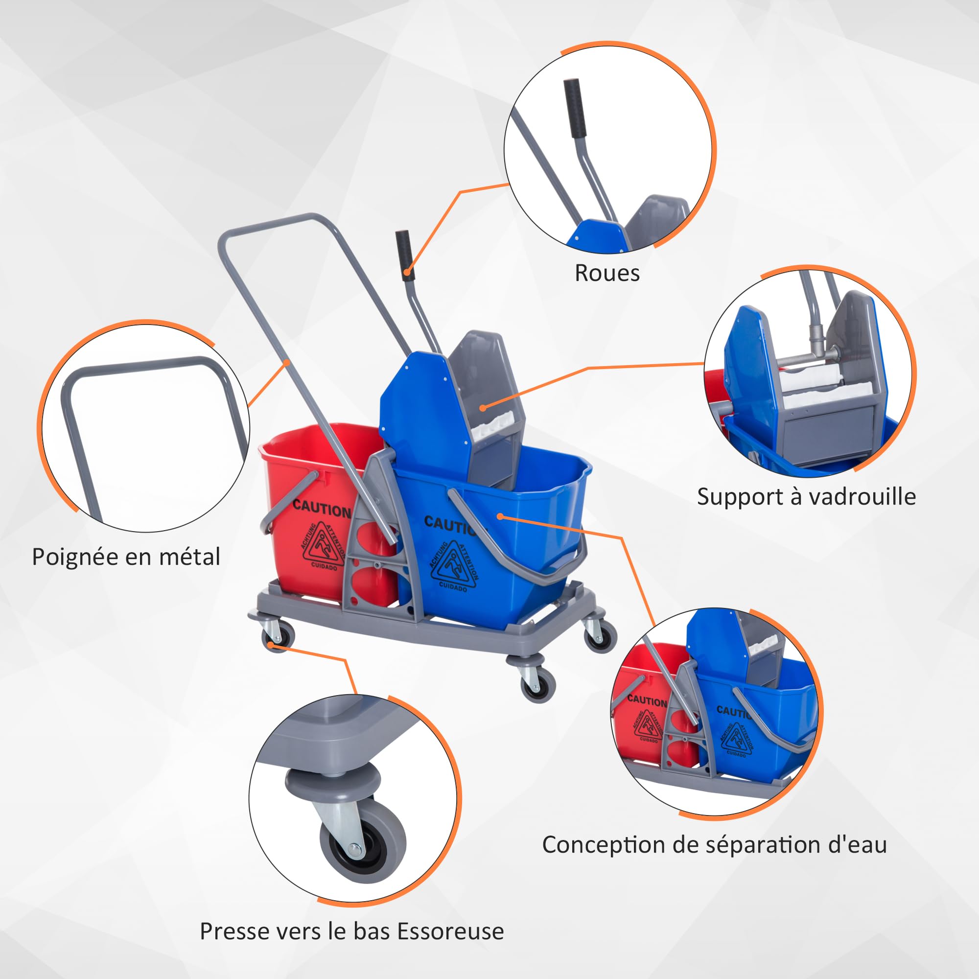 HOMCOM Chariot de Lavage Presse à Mâchoire 73x45x92cm Gris Bleu Rouge | Chariot de Nettoyage Professionnel, 2 Seaux 25 L, Plastique