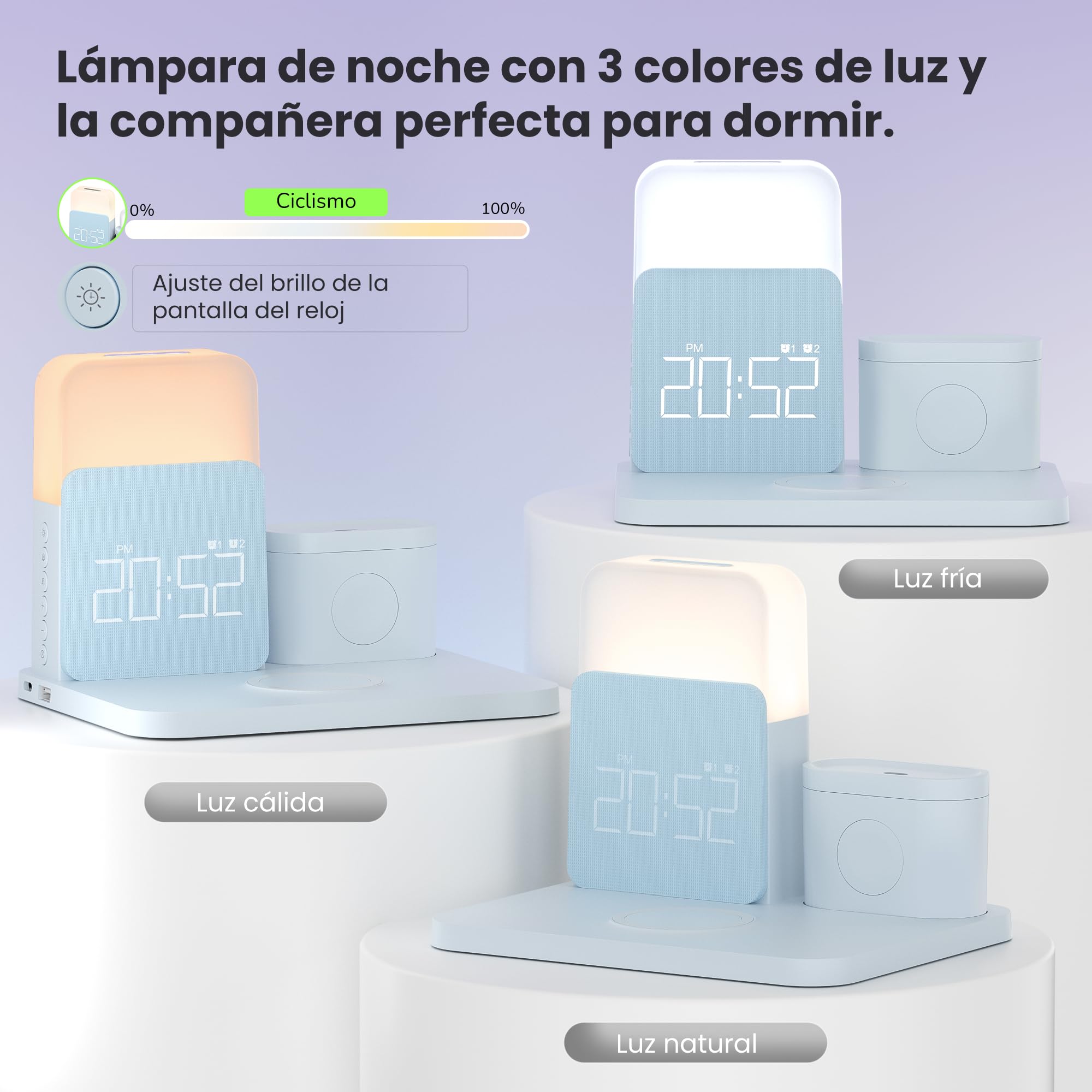 COLSUR Estación de Carga 7 en 1 para Apple Watch iPhone Airpods Cargador inalámbrico rápido de 15W para iPhone 17/16/15/14/13 lámpara de Noche con función de Carga Despertador Azul