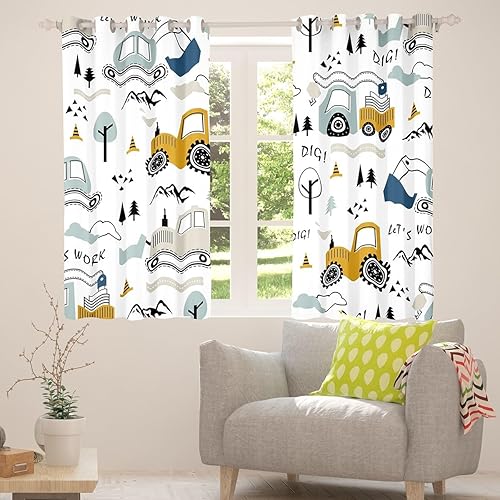 Miniatura 4 de Feelyou Cortinas de caricaturas para niños, para dormitorio, sala de estar, construcción, oscurecimiento, equipo de camiones, excavadora de coche de