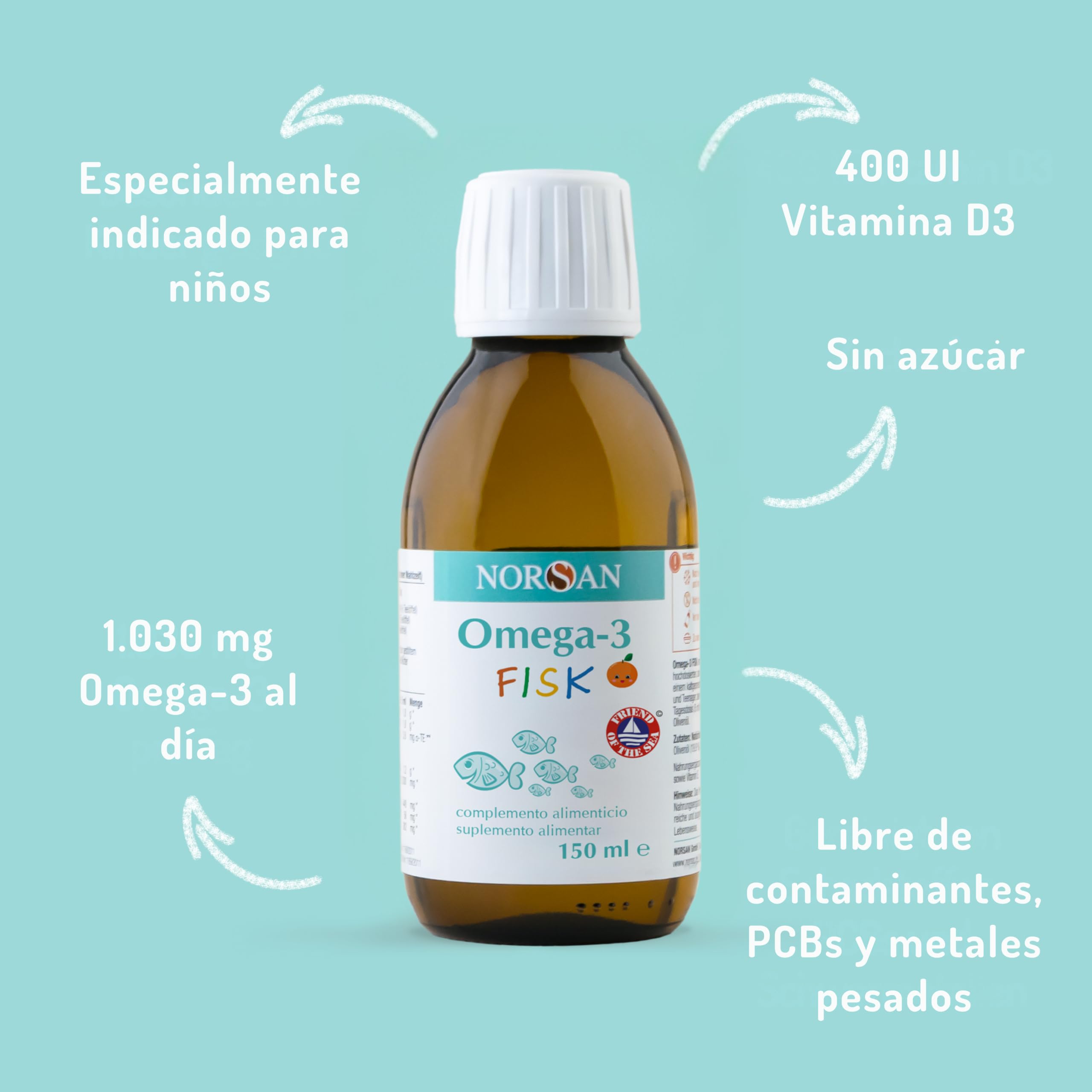 NORSAN OMEGA 3 FISK hautement dosé 150 ml/oméga-3 pour enfant 1.120mg par dose journalière/omega 3 enfant avec EPA & DHA/dose journalière 1 cuillère à café huile de poisson