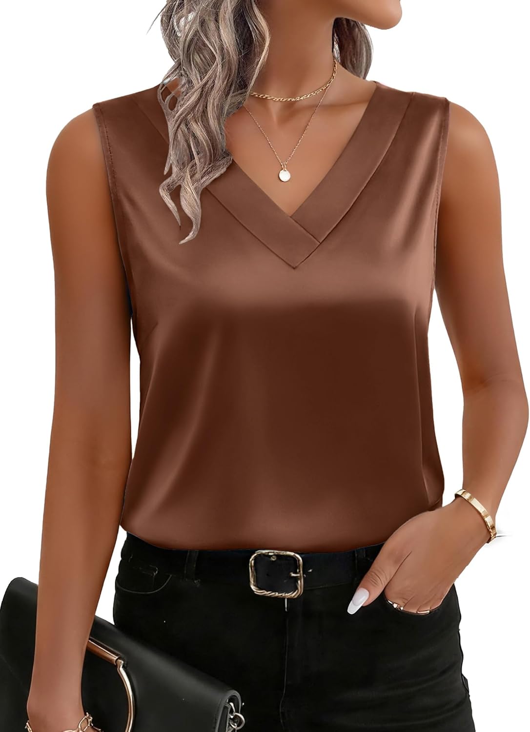 Zeagoo Women's Silk Satin Tank Tops V Neck Casual Camisoles Sleeveless Business Work Blouses Dressy Summer Shirts