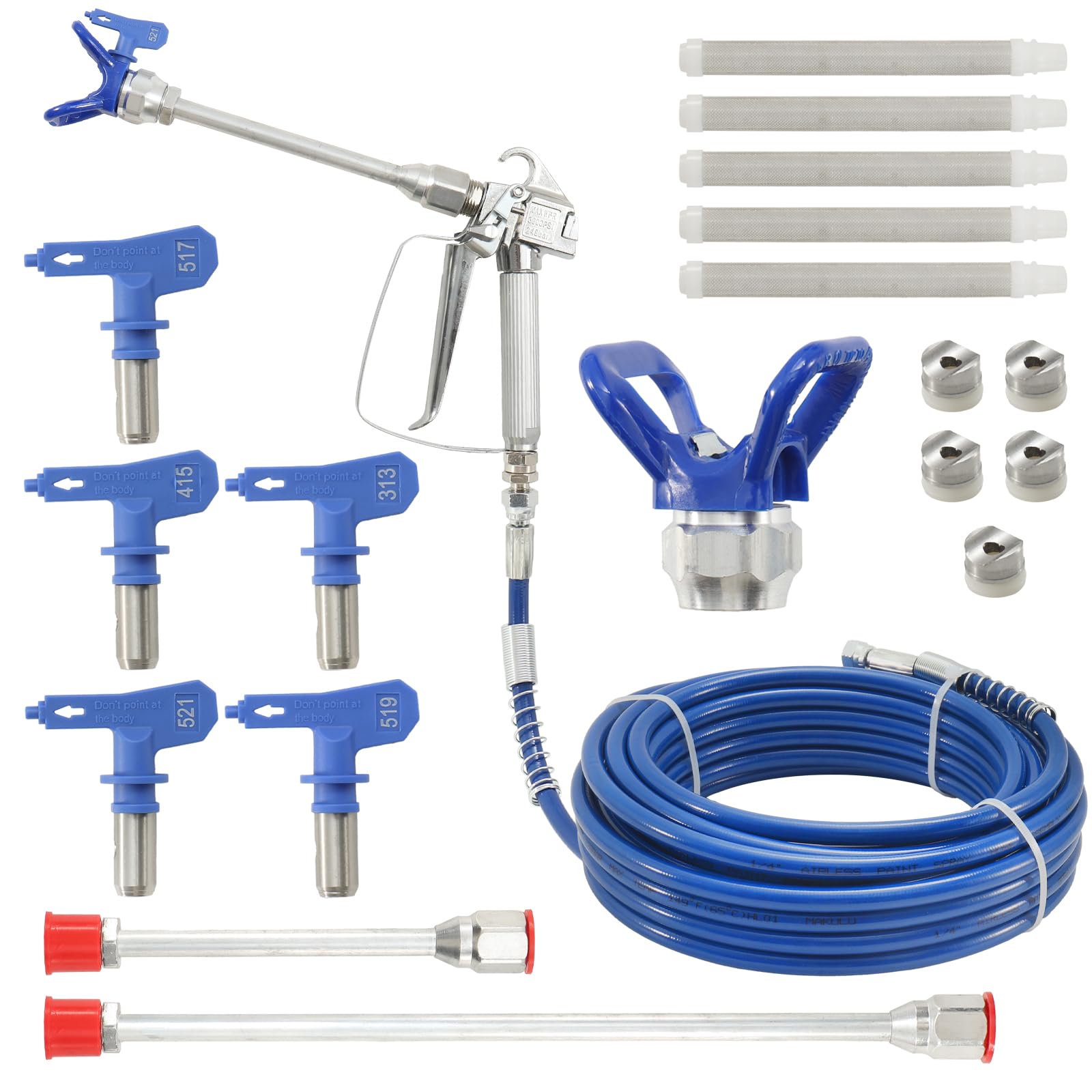 Airless Farbpistolen-Set, Airless Lackierpistole Hochdruck-Lackierpistole Kit 3600 PSI mit Hochdruckschlauch 15 m, Verlängerungsstange, Sprühdüse, 60 Mesh Filter Elemente, für Gebäude Zäune