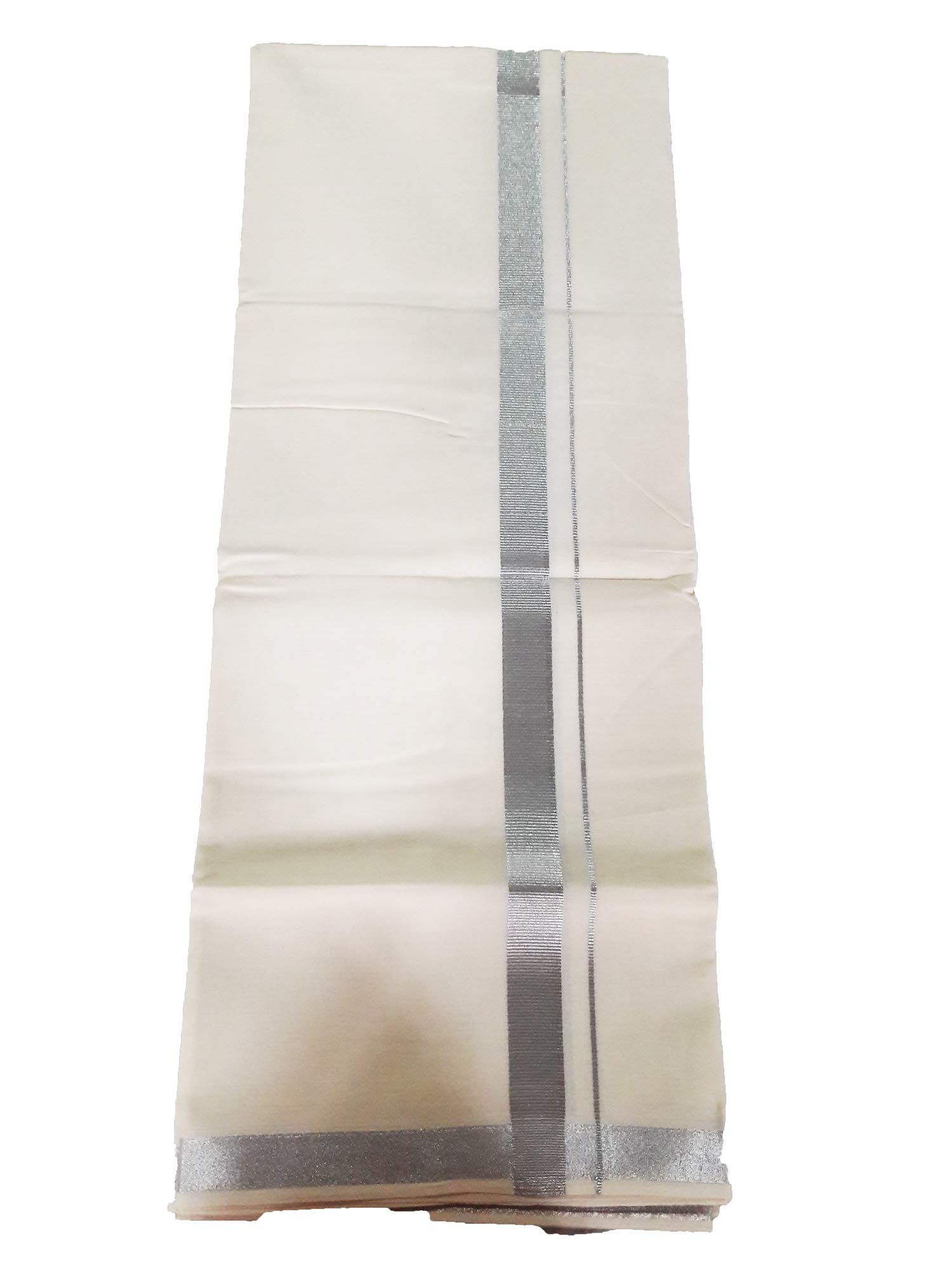 Men's Cream 4 m Cotton Kerala Dhoti Mundu with Silver Kara Kasavu-picture-30
