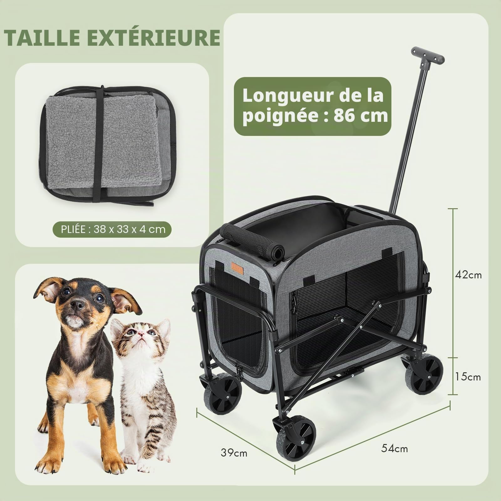 Transporteur de chien avec roues - Grande poussette pour chiens et chats - 18 kg - Carrosse à roulettes avec grandes roues tout-terrain (gris)