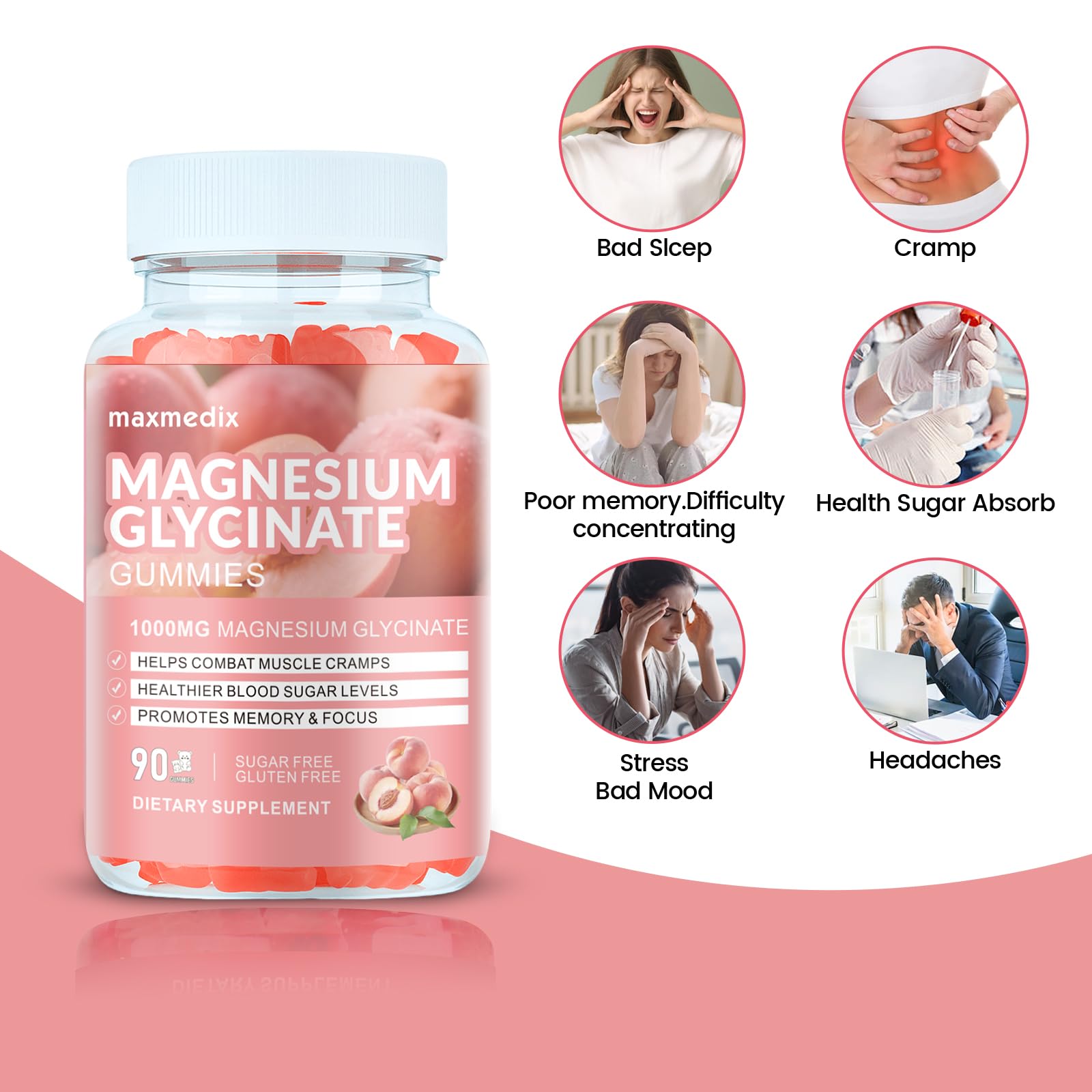 Magnesium Glycinate Gummies 1000mg, Sugar Free Magnesium Potassium Supplements Chewable for Adults with L-Threonate for Sleep, Body Support and Relaxation,90 Peach Gummies — Amazon image 2