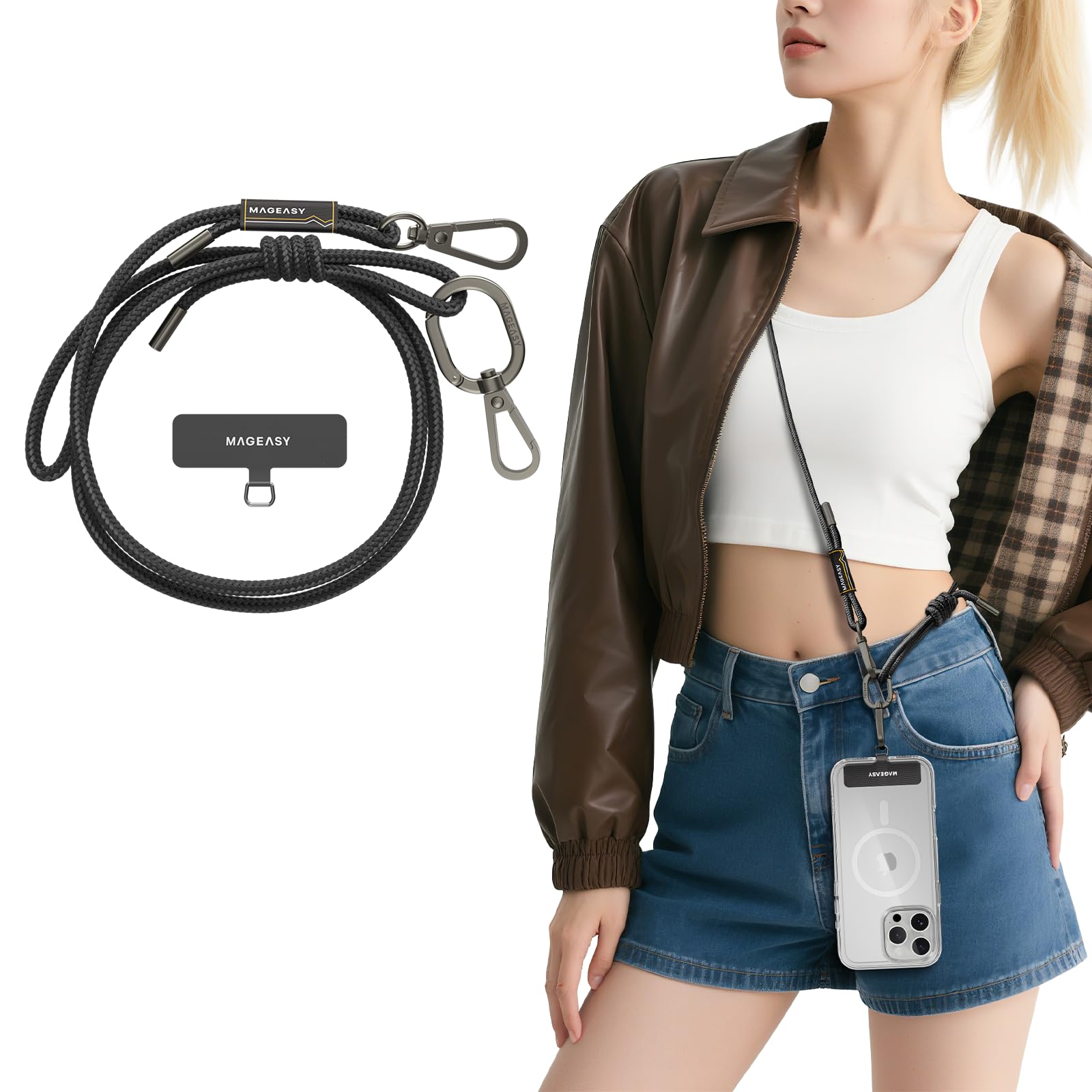 MAGEASY Universal Cell Phone Lanyard - Anti-Theft Rope Crossbody Phone Strap for iPhone 16 Pro Max & Most Smartphones, for Men & Women | 6mm Black