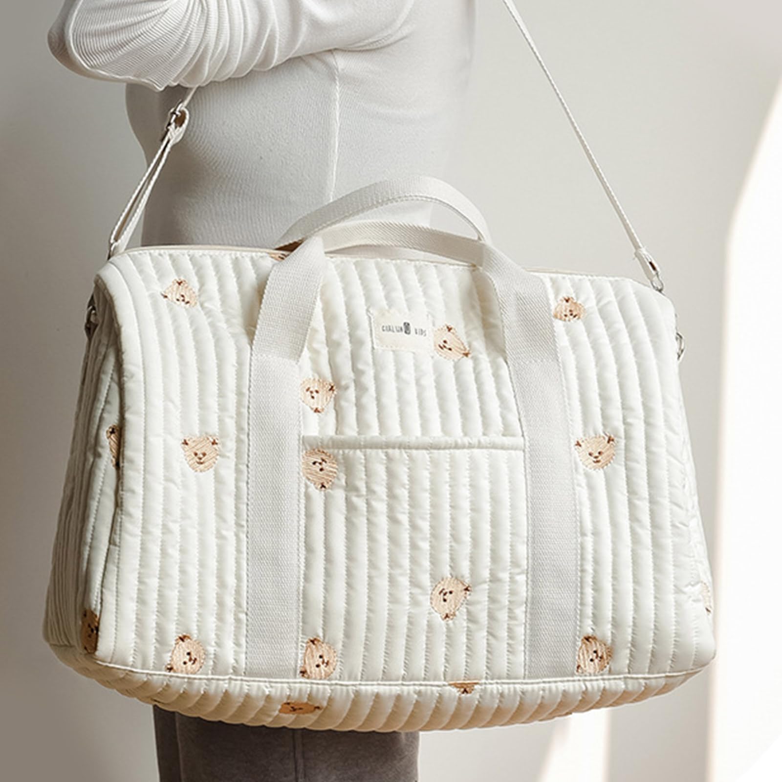 Amplia bolsa de pañales para mamá, bolsa de tela suave con detalles bordados para viajes y uso diario