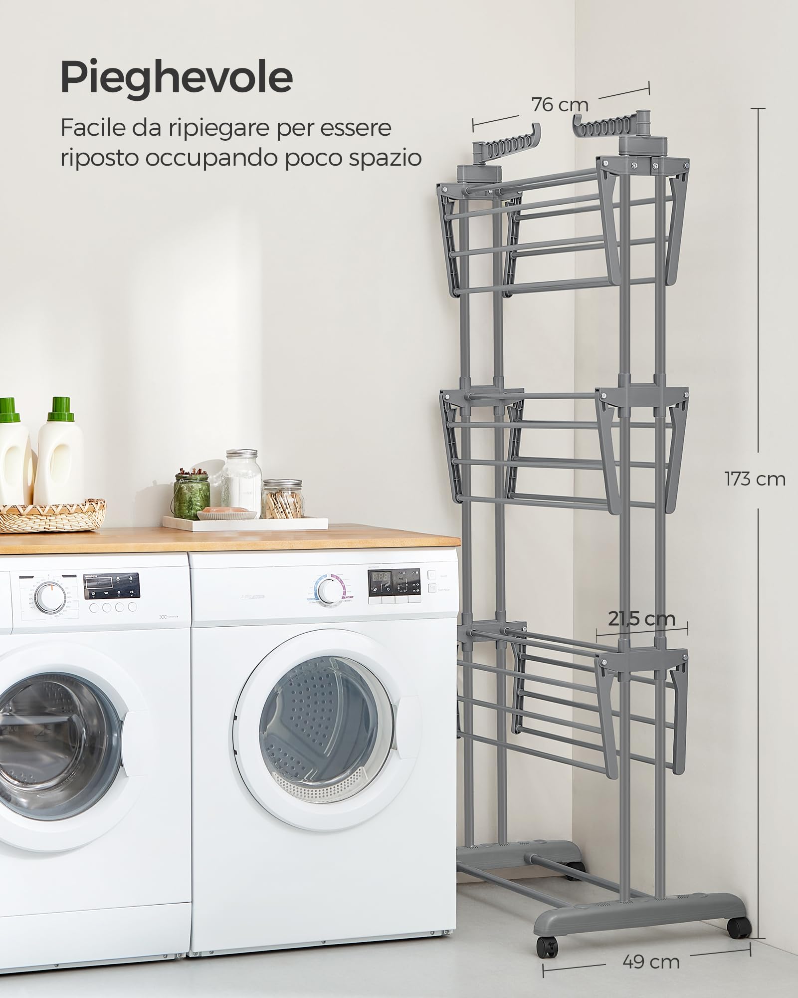 SONGMICS Stendibiancheria, Stendino Pieghevole a 4 Livelli, con Ruote e Ali Richiudibili, 63,5 x 128 x 173 cm, Capiente, Uso Interno ed Esterno, Grigio LLR701G01