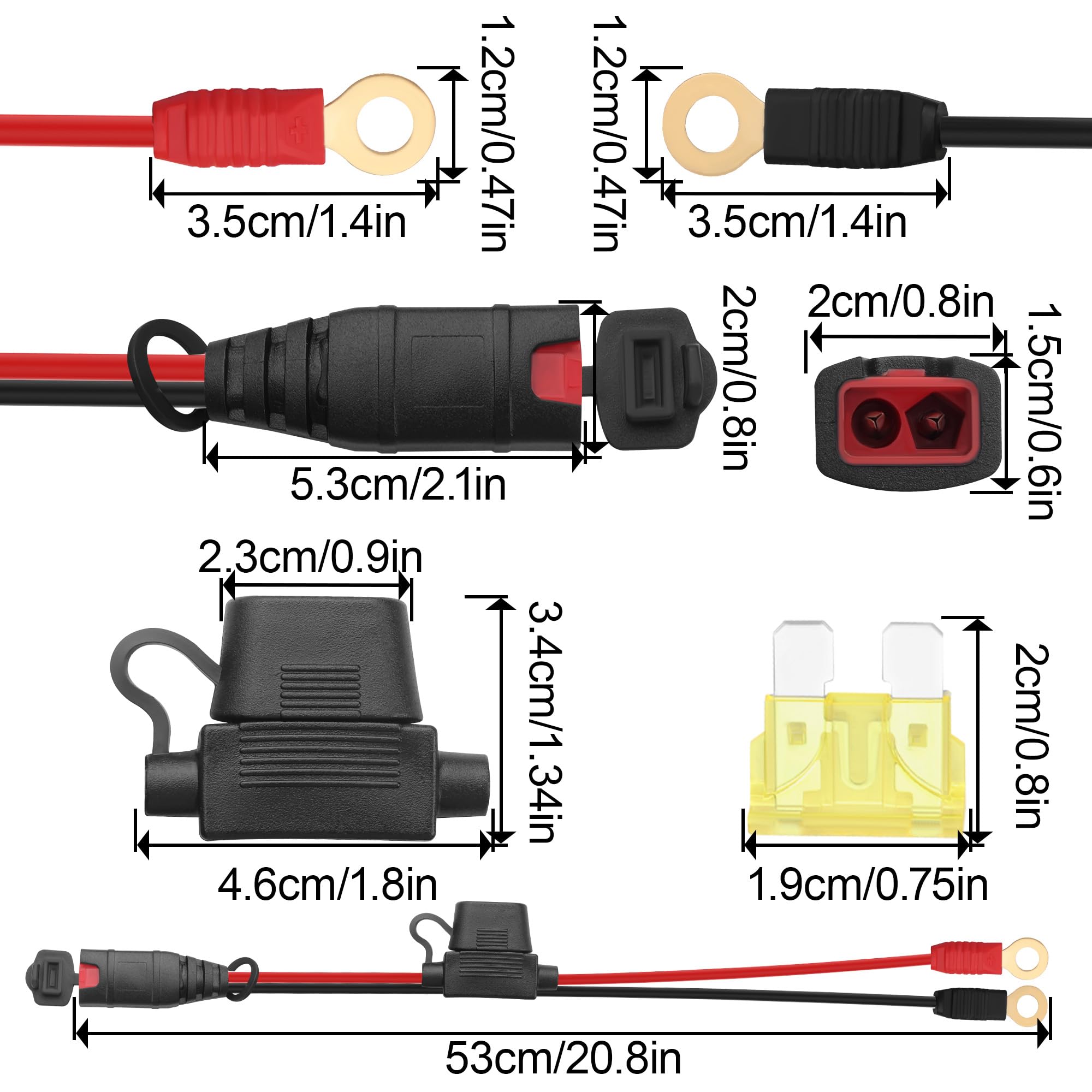 GC002 X-Connect M6 Terminal de ojal 20 A fusible permanente cable de carga de batería para motocicleta, ATV, UTV, generador y mantenimiento de motor pequeño, 16 AWG, 21 pulgadas