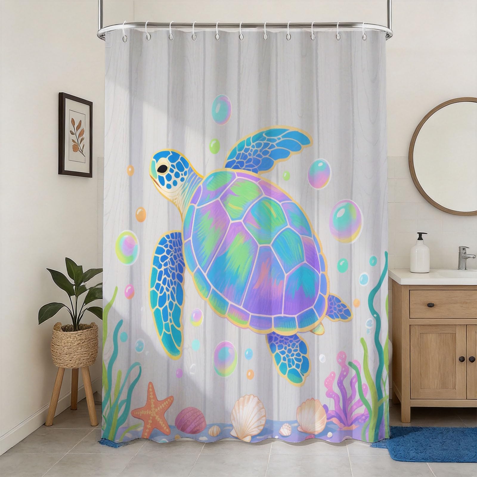 Hongduo 3D Cartoon Sea Turtle Shower Curtain for Stalls Bathtubs Shell Starfish Bathroom Decor Shower Curtain Set Polyester Fabric Waterproof 180x200cm/71X79 Inch with Hooks