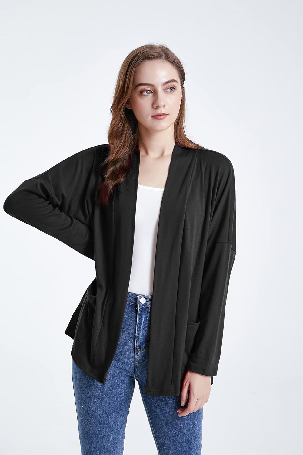LKOQO Women's Long-Sleeved Cardigan Loose Casual Soft Drape Lightweight Cardigan Breathable with Pockets (S-XXL) : Clothing, Shoes & Jewelry