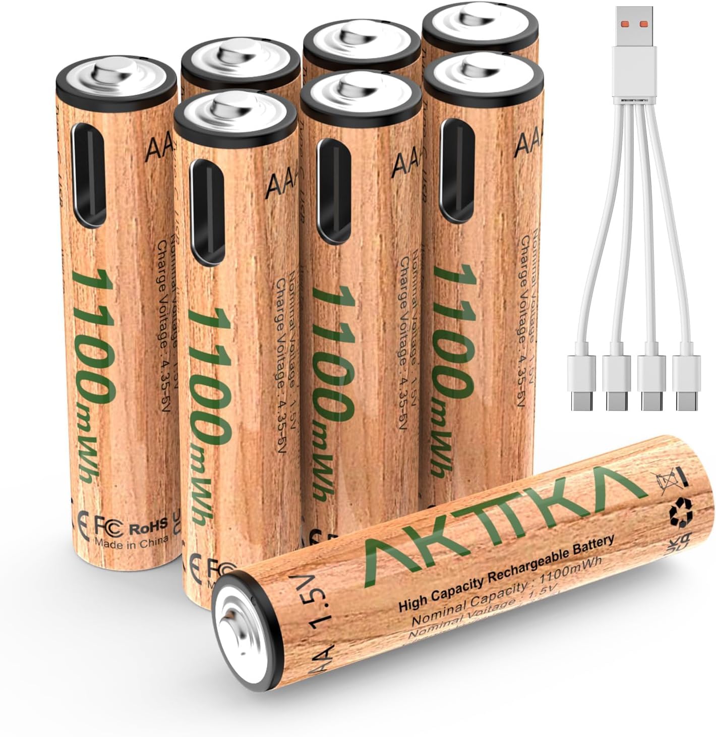8 batterie AAA ricaricabili al litio 1100 mWh, 1,5 V a tensione costante, con cavo USB-C 5V/2A 1‑vers‑4, per telecomandi, termometri, bilance