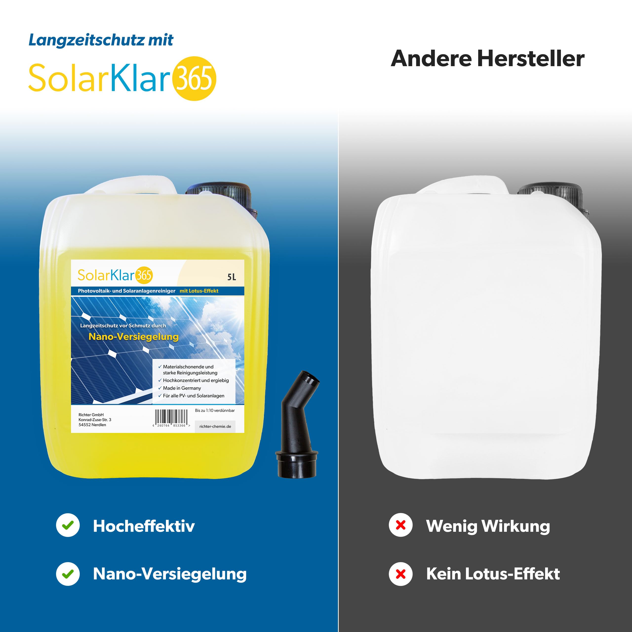 SolarKlar365 Photovoltaik- und Solaranlagen Reiniger | PV Anlage reinigen | Lotuseffekt langanhaltender Schutz, starke und materialschonende Reinigung 5 Liter + Teleskop-Waschbürste