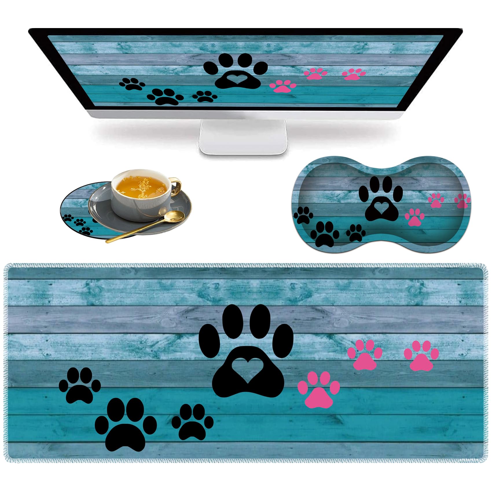 3 Piece Mouse Pad Set with Stitched Edge Large Anti-Slip Mouse Pad Desk Pad Keyboard Pad + Wrist Rest Pad + Coaster, Memory Foam Wrist Rest for Office