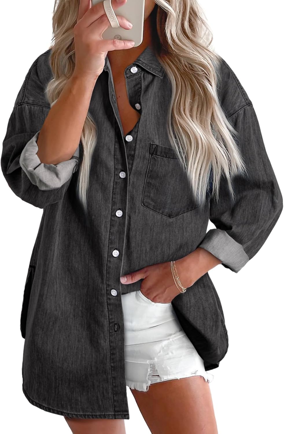 Astylish Women Denim Shirt Button Front Blouse
