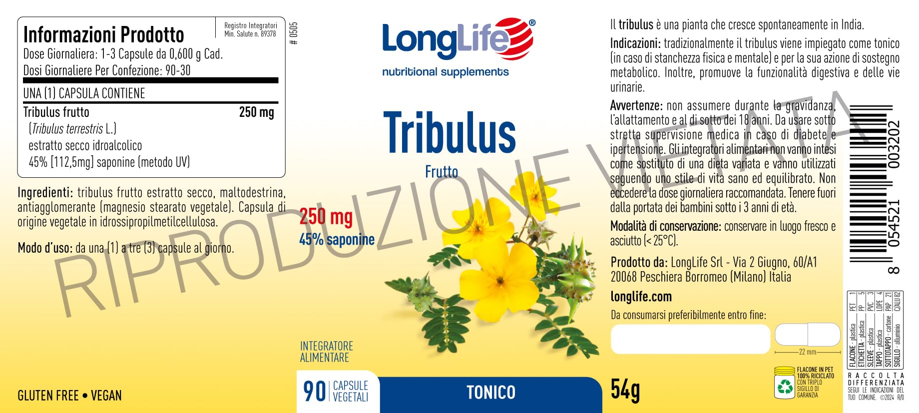 LongLife® Tribulus | Estratto titolato al 45% in saponine | Azione tonica e sostegno metabolico | Vie urinarie e funzione digestiva | Fino a 3 mesi di trattamento | Vegano e senza glutine