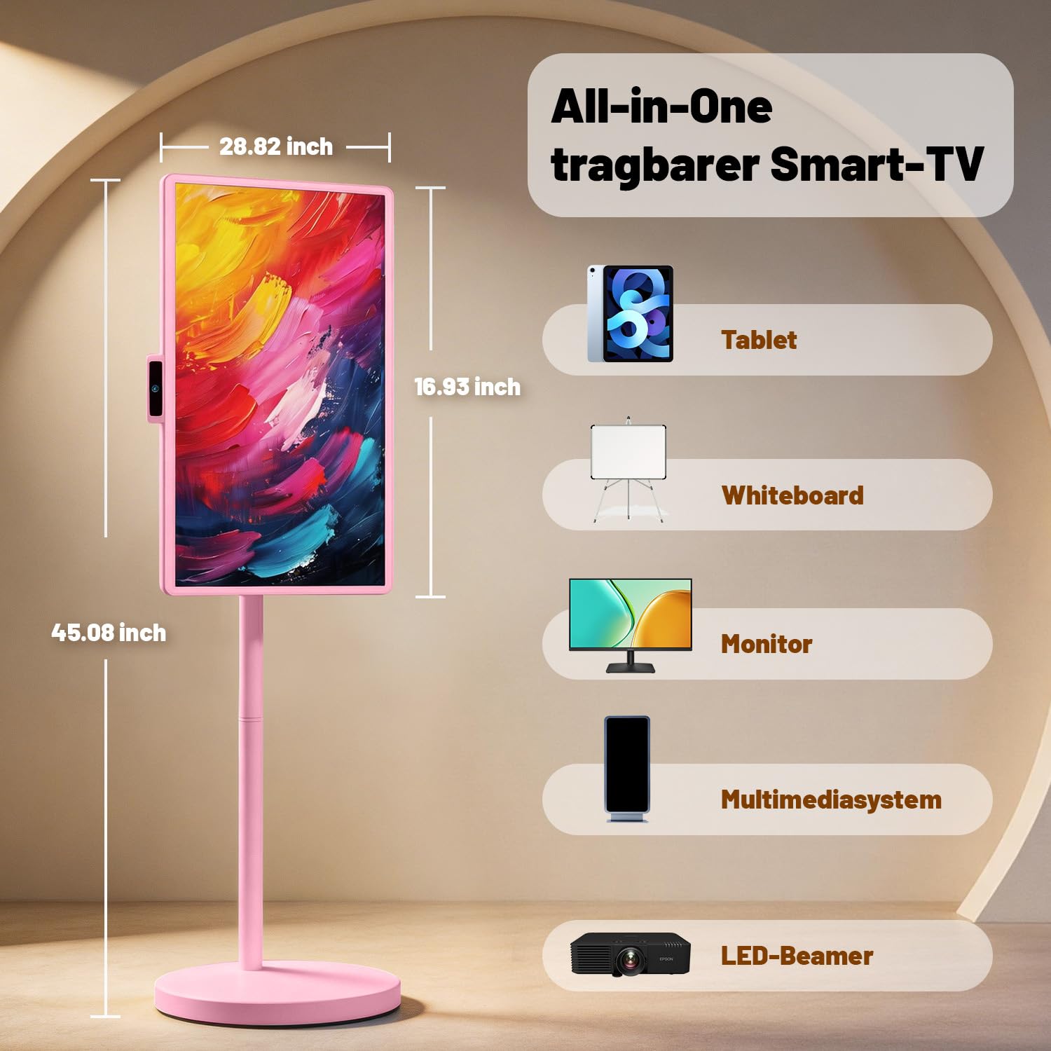 VLH 32 Zoll Portable TV, Mobiler Tragbarer Fernseher auf Rollen, Android 15, EDLA-Zertifiziert, 8G+128GB, Fahrbarer Akku TV auf Rollen mit Sprachfernbedienung, 10W Stereolautsprecher, 38.400mAh