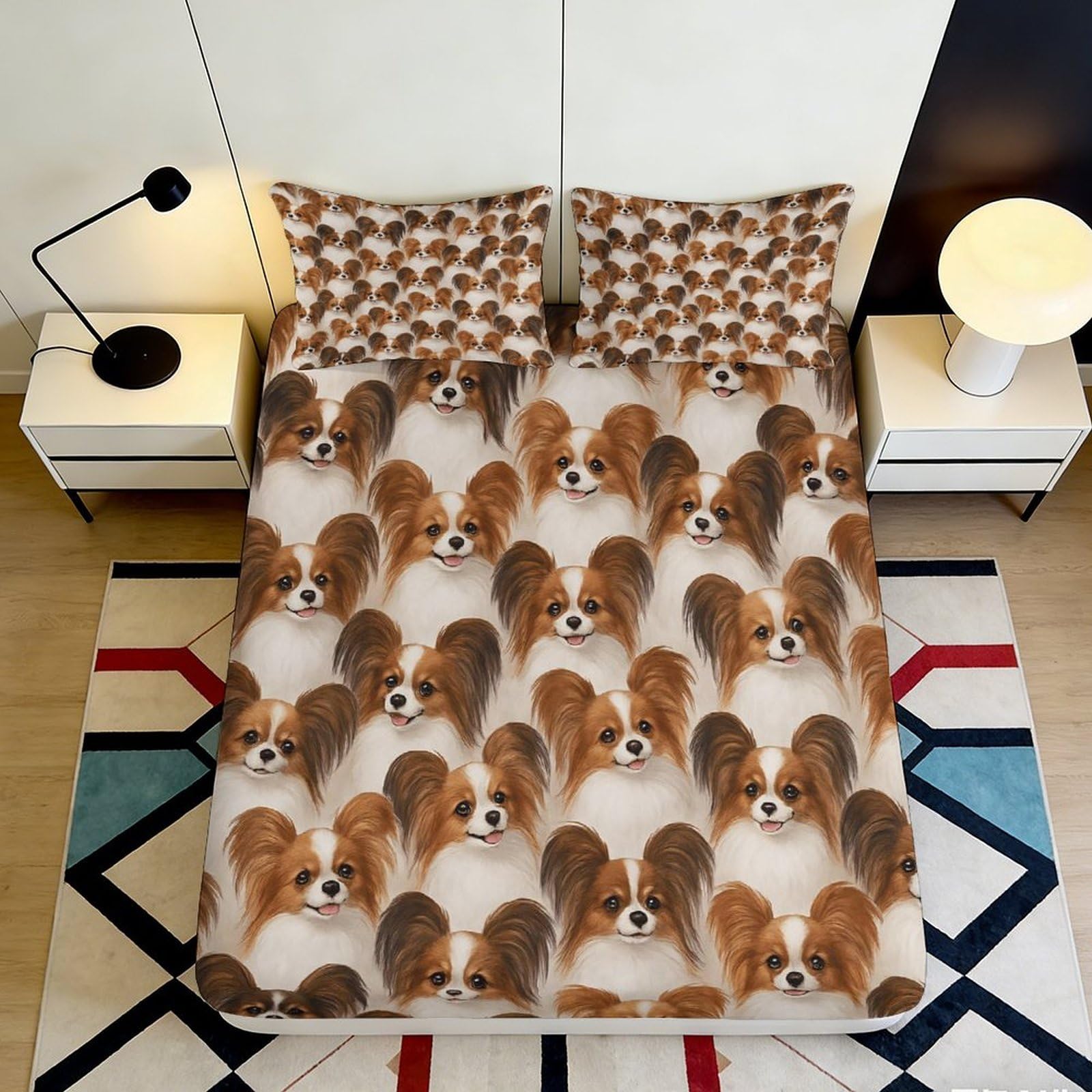 3D Printed Papillon Dog Fitted Sheet Microfiber Soft Breathable Puppy Face Bed Cover for Bedroom Dormitory Guest Room Mattress Protection Decor 200x200x25cm