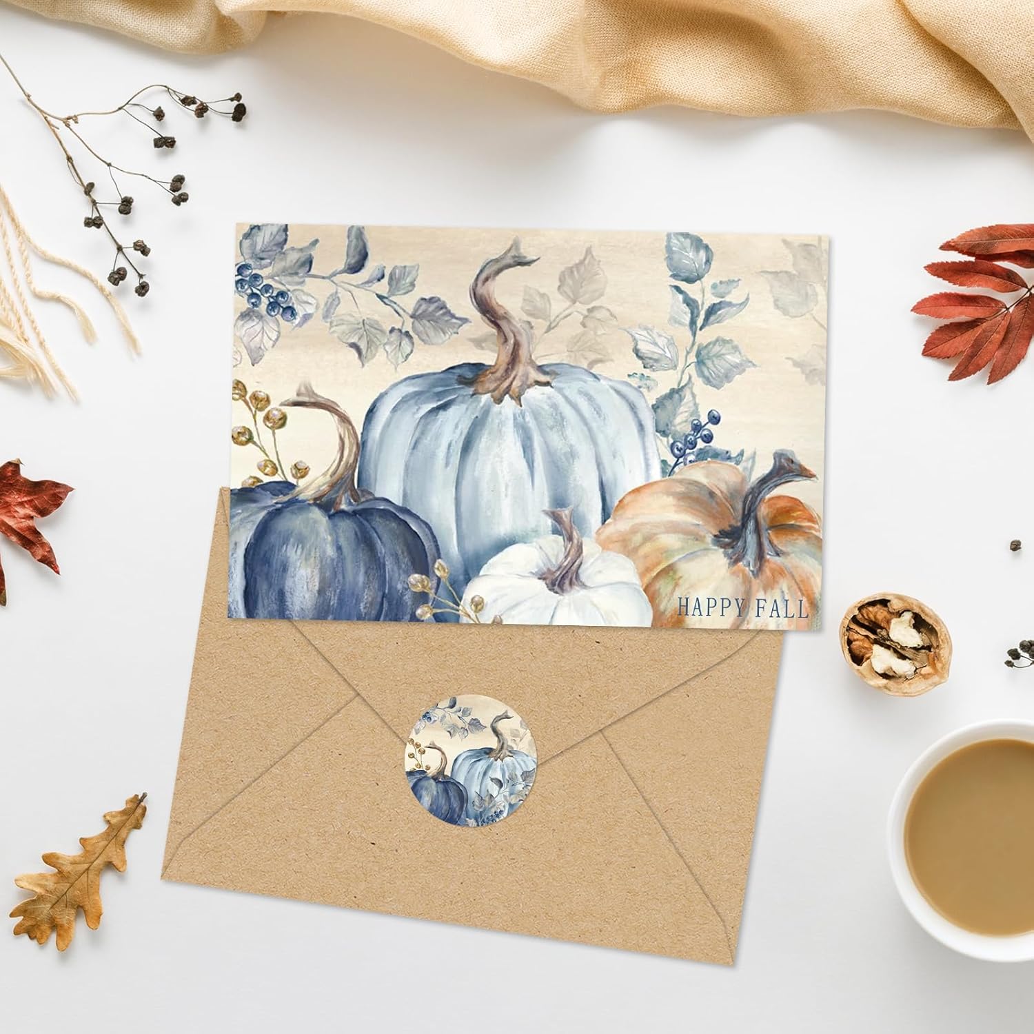 Whaline 50 Pack Fall Thank You Cards Bulk Boxed Vintage Blue Pumpkin Greeting Cards with Envelope Sticker Blank Note Cards for Autumn Thanksgiving Wedding, 4 x 6 Inch - Image 6
