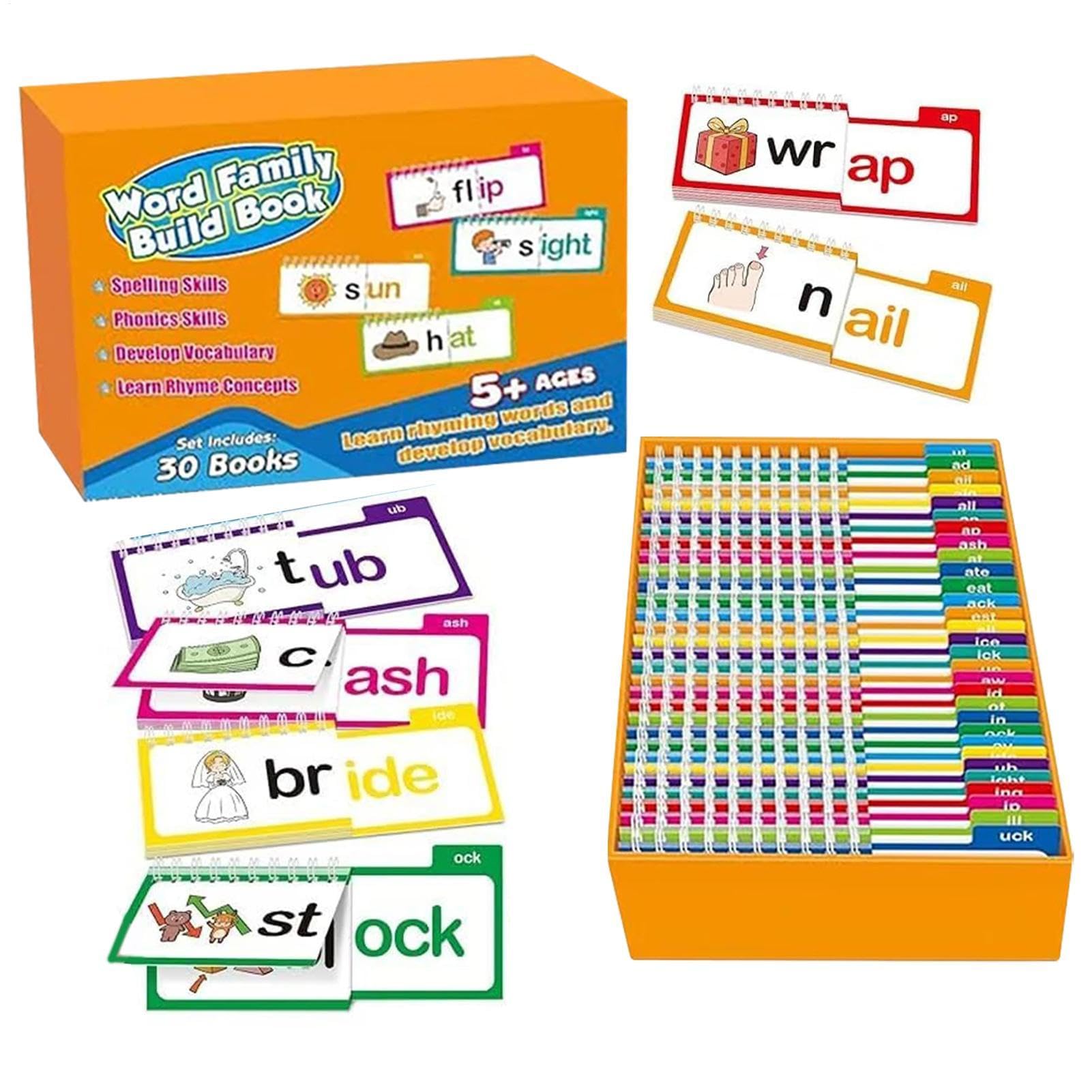 30 Read and Rhyme flip Books - Word Families Letter Flash Cards, Reading and Rhyming, Sight Word ABC Vocabulary Flash Cards for Reading Games