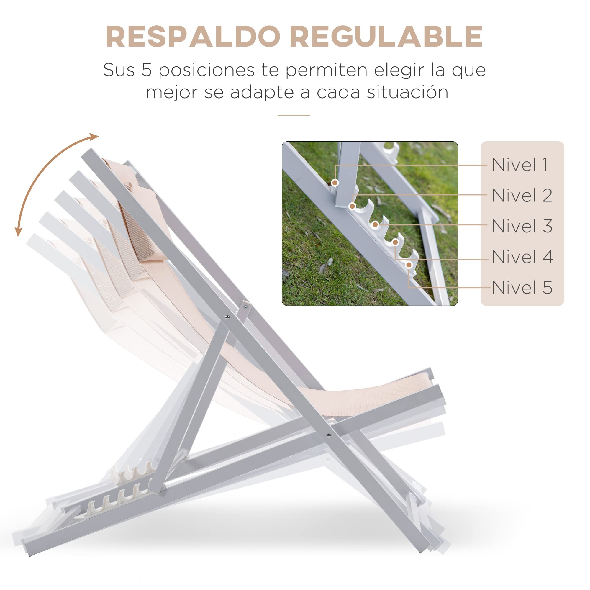 Outsunny Conjunto de 2 Tumbonas Plegables con Respaldo Regulable en 5 Posiciones y Reposacabezas Acolchado Incorporado 58x96,5x91,5 cm Beige