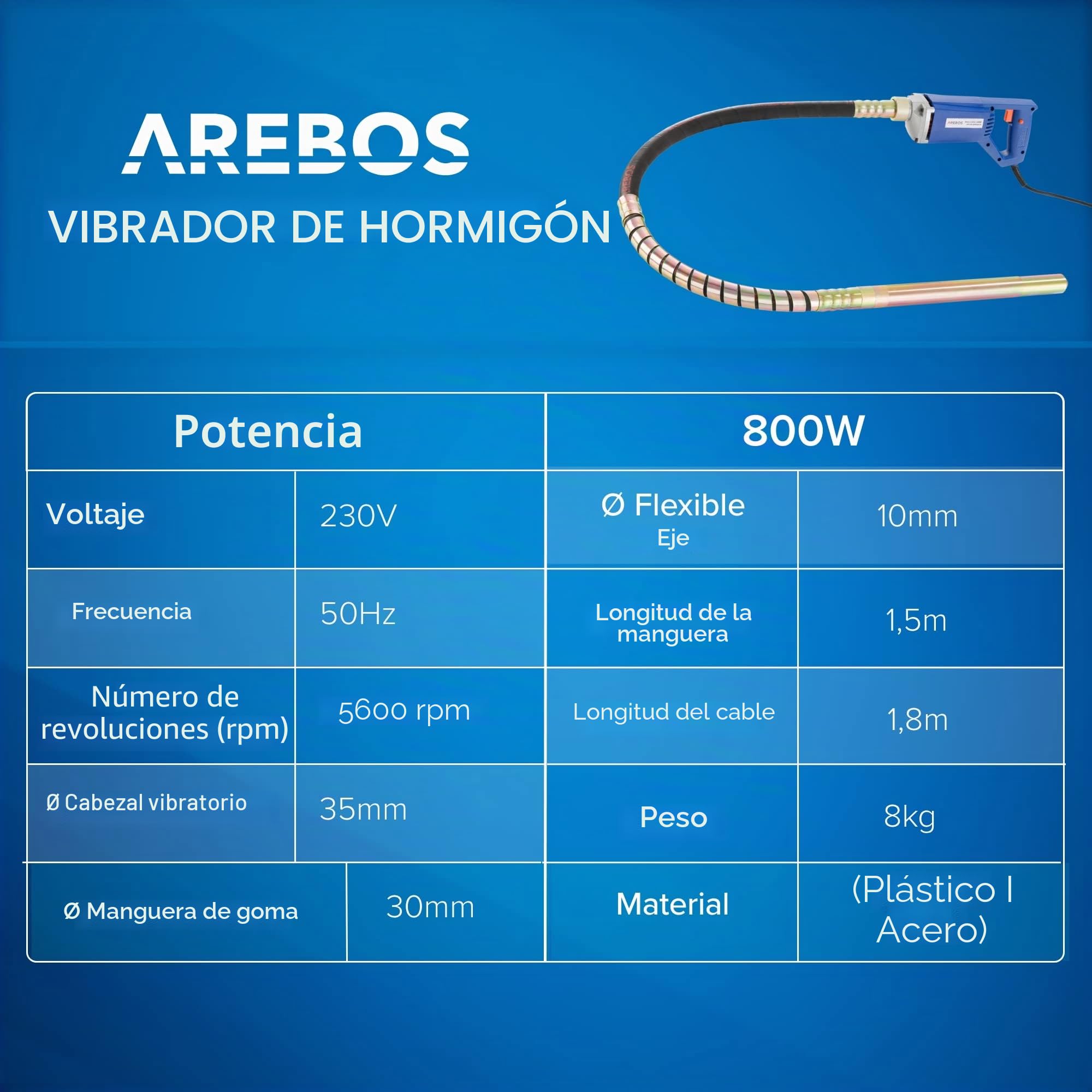 Arebos Vibrador de hormigón | Aguja vibrante electrica | Vibrador de construcción eléctrico | 800W | longitud de varilla vibratoria de 1,5m | para concreto