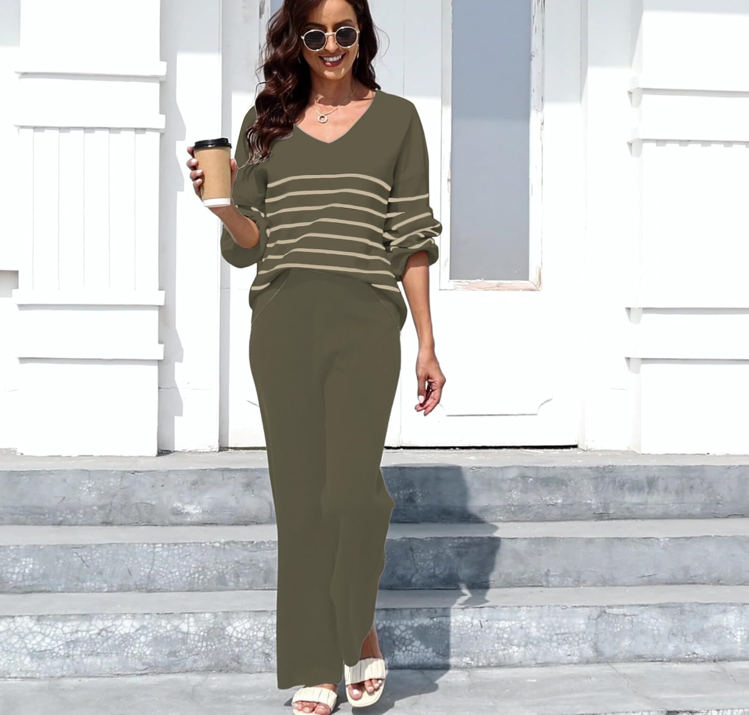 ETCYY NEW Womens 2 Piece Outfits Sweater Lounge Set Casual V Neck Knit Pajama Set Long Sleeve Top Wide Leg Pants Loungewear - Image 4