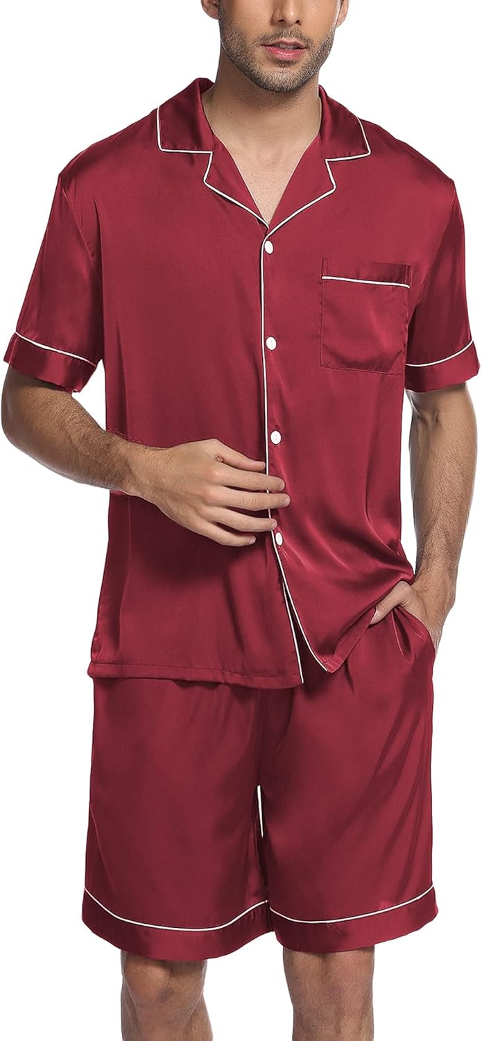 Ekouaer Mens Satin Pajamas Set Button-Down Short Sleeve Shirt Top Soft Silk Sleepwear Shorts with Pockets - Image 2