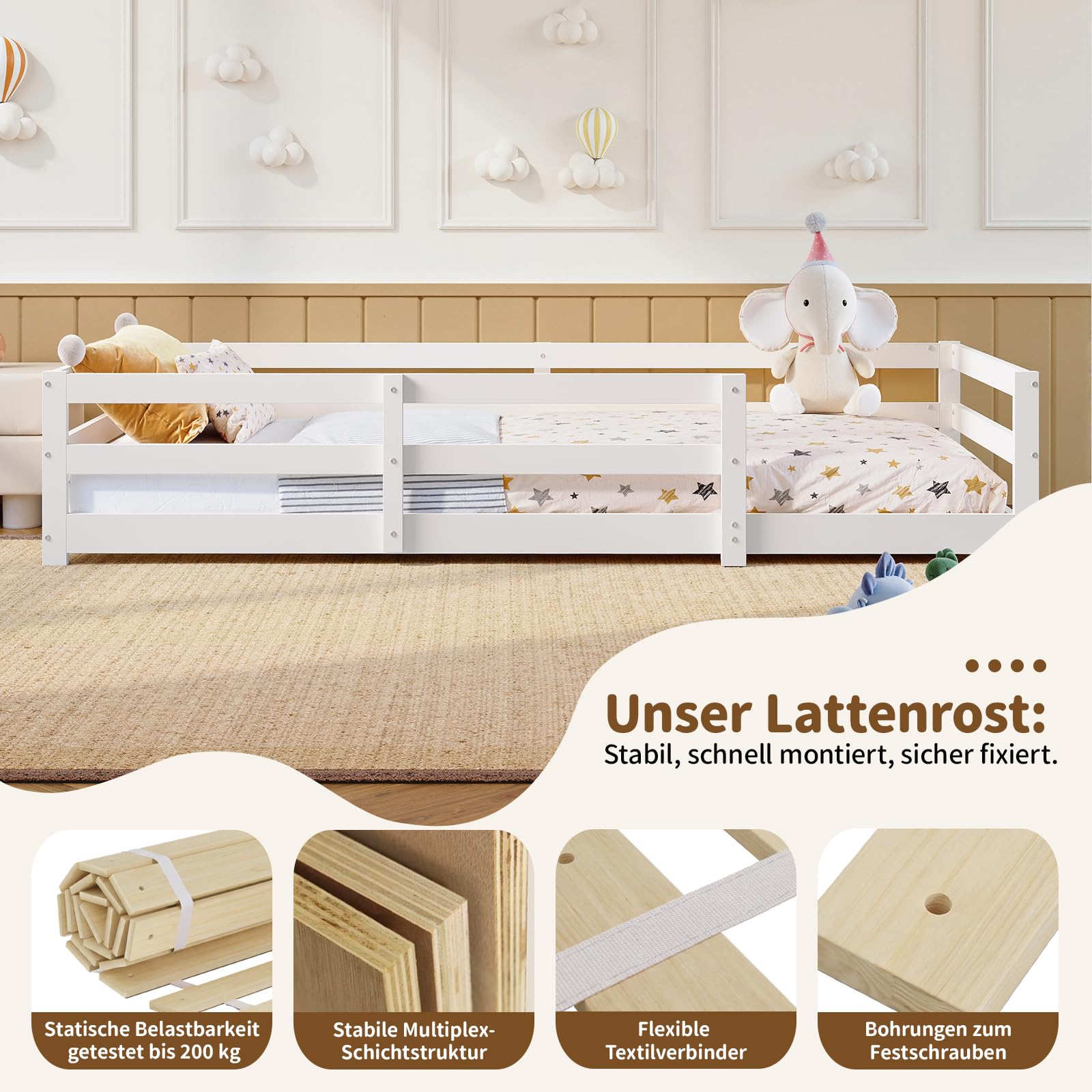 Bodenbett 90x200 cm Kinderbett aus Massivholz mit Rausfallschutz & Lattenrost, Montessori Bett aus Kiefer, Bodenbett Kinder mit offenem Einstieg, Einzelbett in Weiß