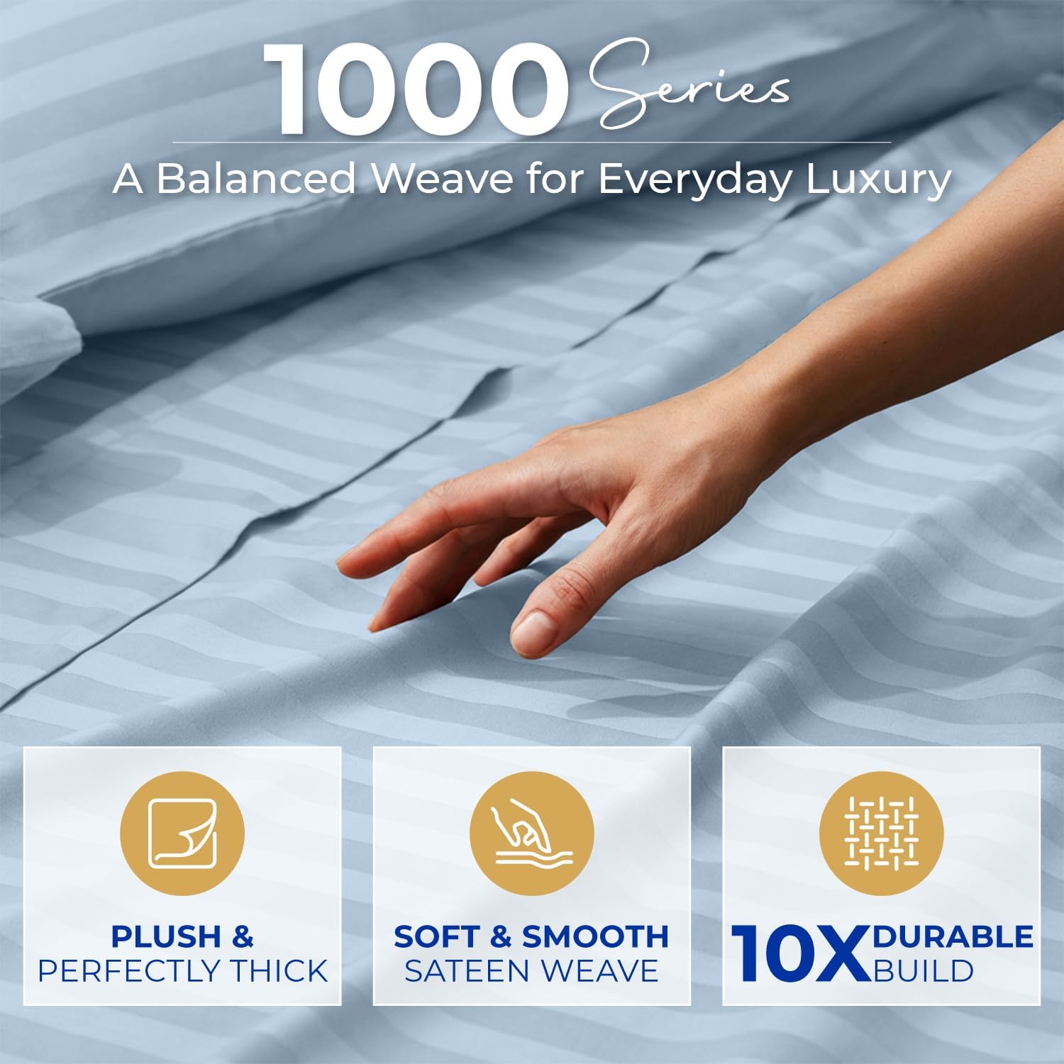 THREAD SPREAD King Size Sheets Set, Luxury 1000 Series Paradise Collection 100% Egyptian Cotton Damask Striped Bed Sheets King Size (4 PC, Light Blue Stripe), Soft 16" Deep Pocket Hotel Sheet Set