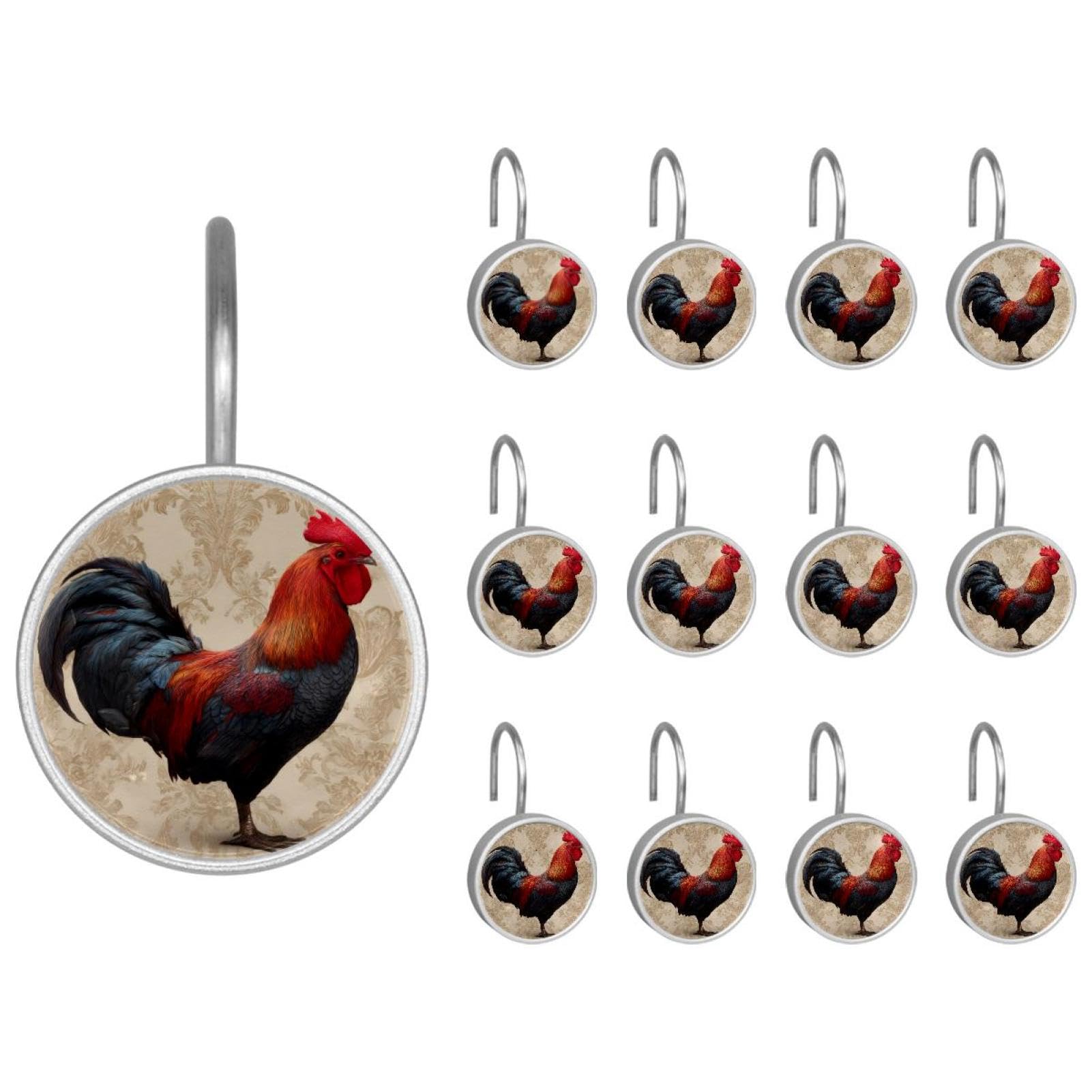12pcs Glass Shower Curtain Hooks, Rust Resistant Decorative Shower Rings for Bathroom Living Room,Stainless Steel Hooks for Shower Curtain and Liner Rods (Retro Rooster Print)