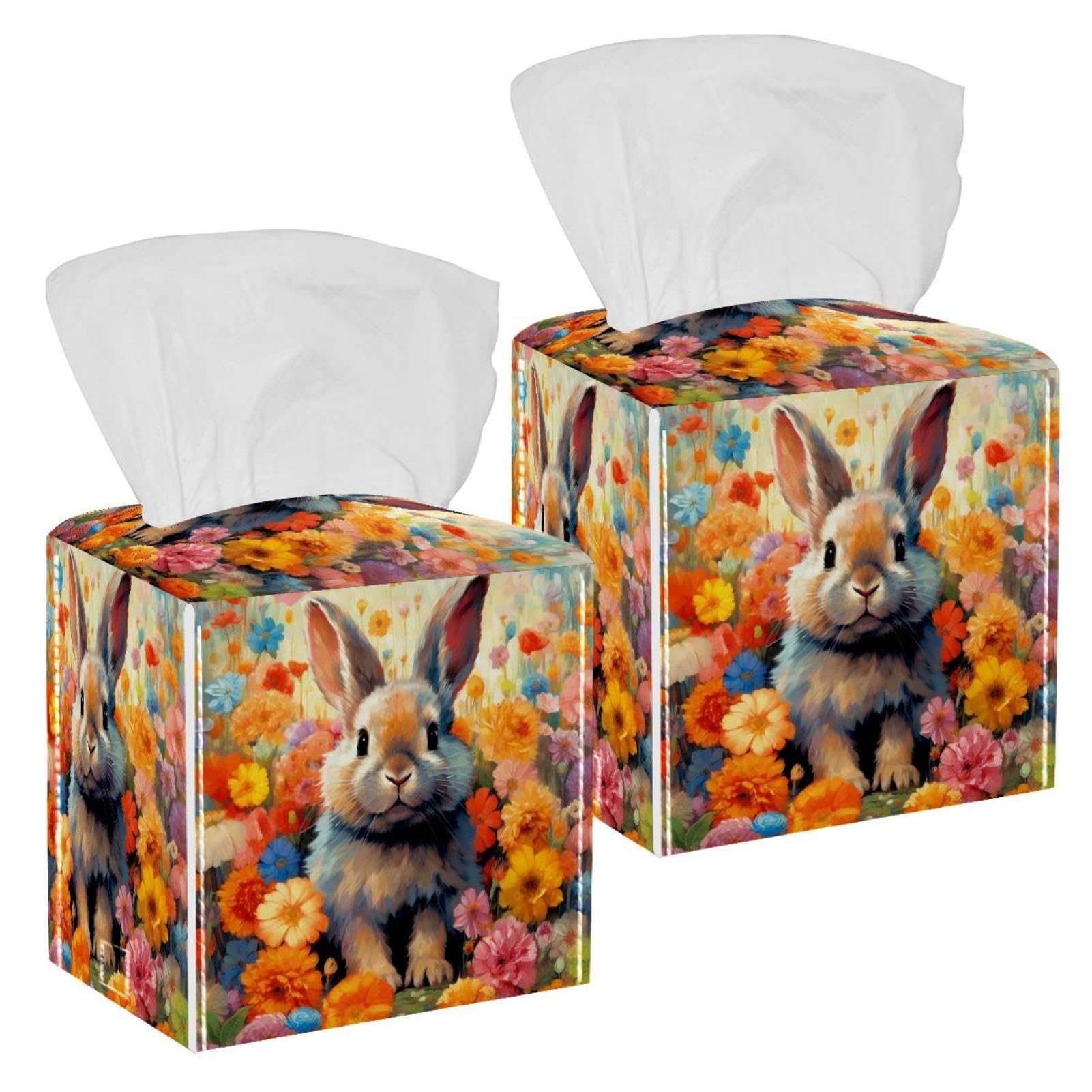 Rabbit Flowers Tissue Box Cover, 2 Pack PU Leather Square Facial Tissue Dispenser Box holder for Home Office Car