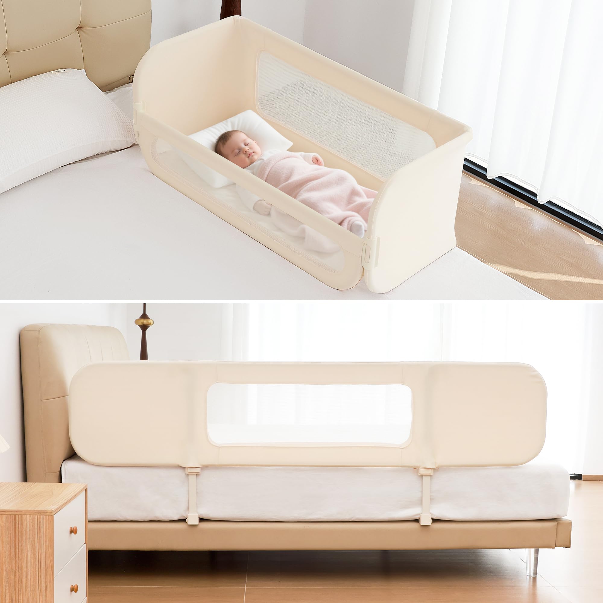 Barriere de Lit Enfant Pliable 2-en-1 185cm avec Sac de Transport, Crème