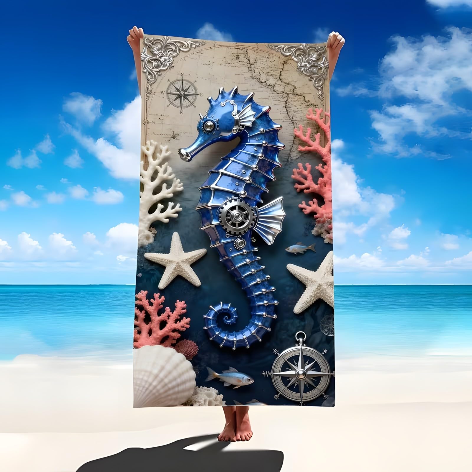 YZQGLHP Seahorse And Coral Microfibre Beach Towel Starfish Beach Bath Towel Quick Drying, Lightweight, Sand-Free, Durable, for Pool, Gym, Camping, Travel Towel 90x160cm
