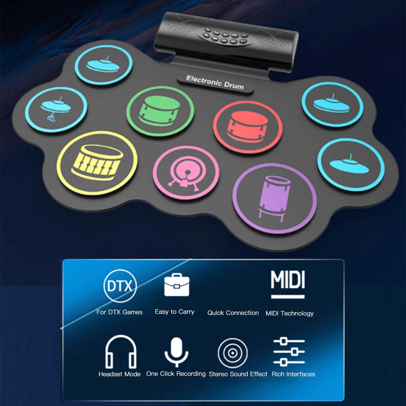 Batería Electrónica de 9 Pads, 9 Acompañamientos Función de Grabación de Pads de Práctica de Batería Vocal Externa de 100-240 V para Entrenamiento de Percusión (Enchufe de la UE)