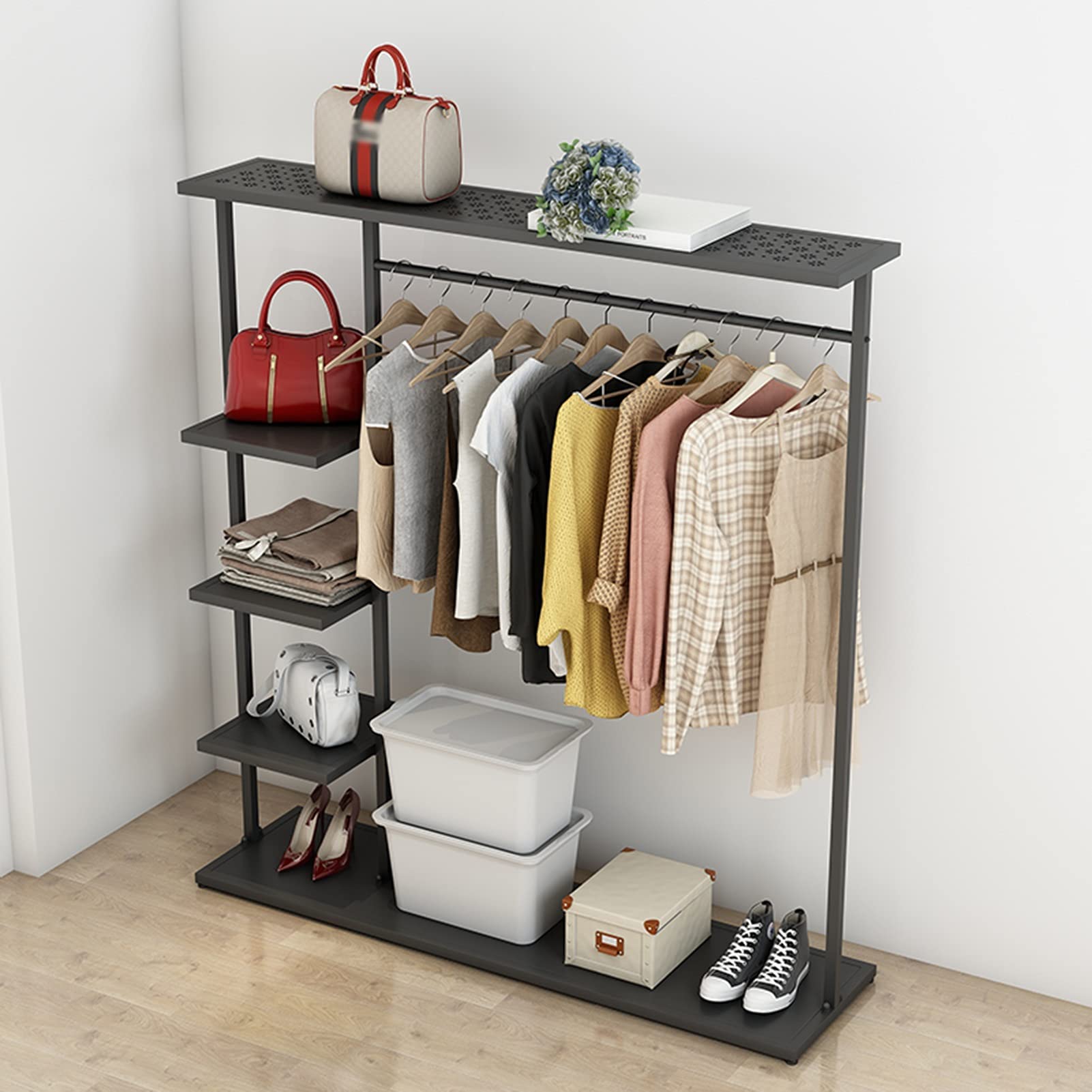 Kleiderständer Modernes schwarzes Schmiedeeisen, bodenstehender Kleiderständer mit 4-stöckigem Ablagefach und Kleiderstange, einfacher Kleiderschrank für Schlafzimmer, 3 Größen (Size : 150x40x155CM)