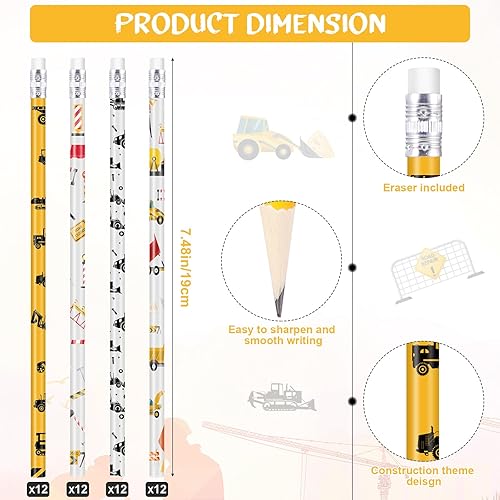Miniatura 2 de Teling 48 lápices temáticos de construcción para niños, excavadoras, recuerdos de fiesta temática, excavadora, mezcladora, camión, lápices de