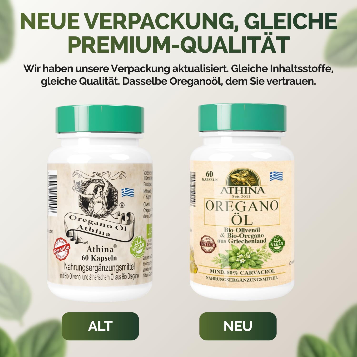 Athina® Oregano Öl Vegan Bio 1 x 60 Kapseln I 100 mg Athina® Wildes Berg Oregano Öl I Origanum vulgare hirtum aus Griechenland I 80% Carvacrol I Reine & natürliche Zutaten