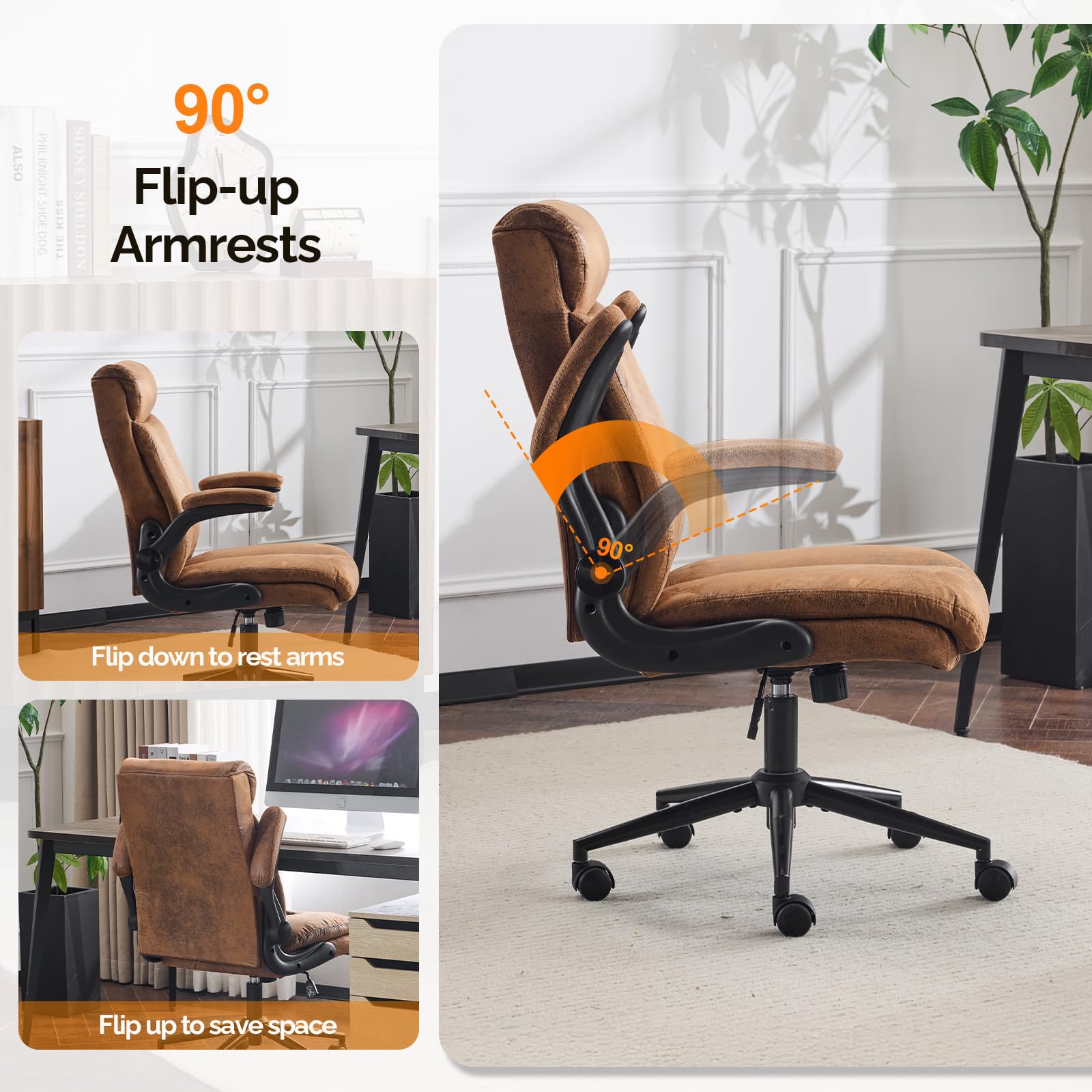 Bonnlo Ergonomischer Bürostuhl, Schreibtischstuhl mit hochklappbarer Armlehne, Computerstuhl, Drehstuhl, Wippfunktion 105°-120°, Höhenverstellbar, Drehbar, 150KG Belastbarkeit (Mikrofaser, Braun)