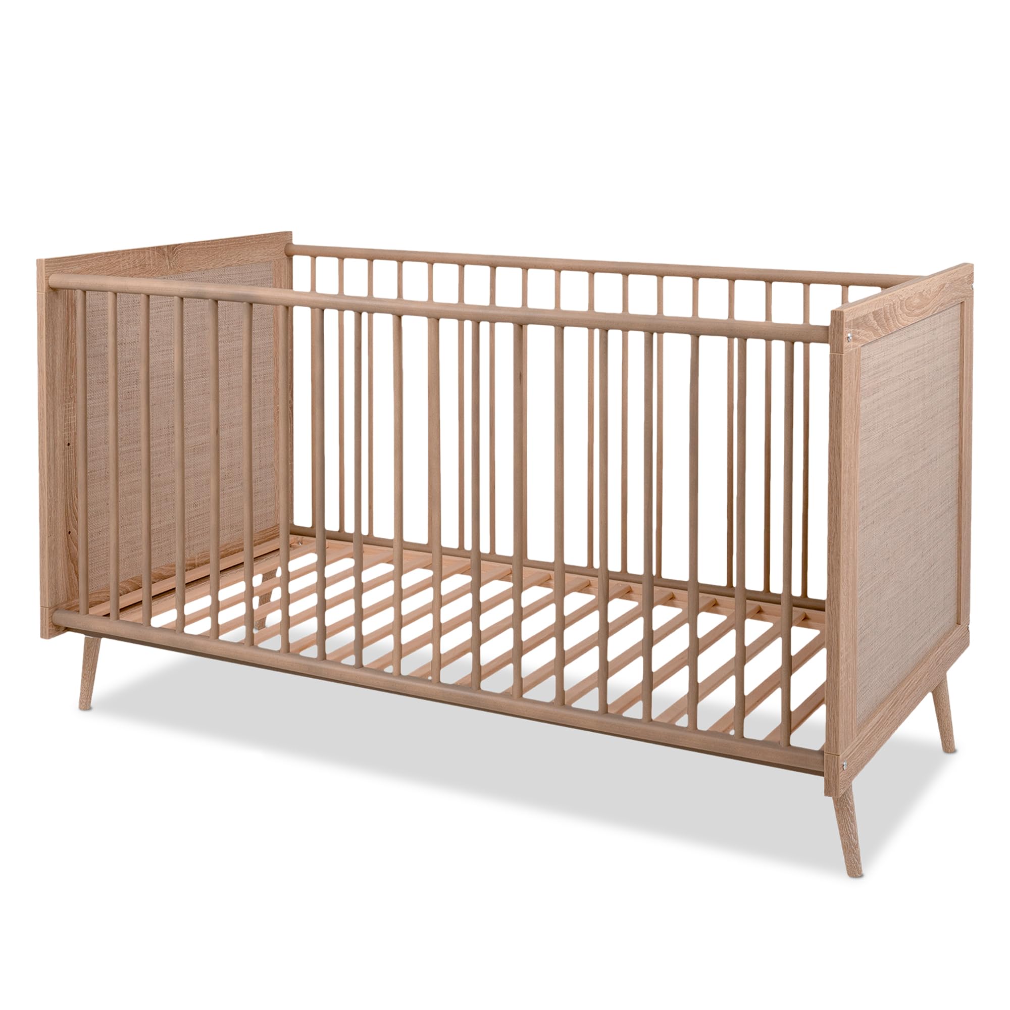 KHG Kinderbett hell-braun modern Eiche-Optik, Babybett aus Holzwerkstoff | höhenverstellbar, Liegefläche 140x70 cm Gestell aus Massivholz, 143x84x76, für Wohnbereich, Schlafzimmer oder Flur