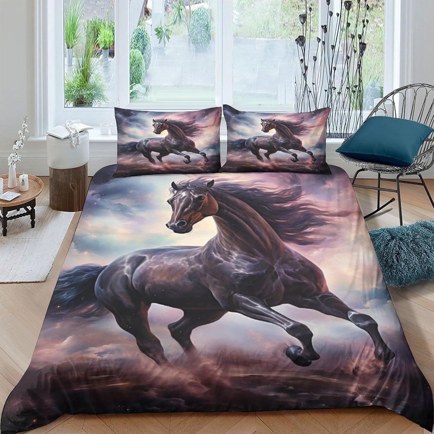 Housse de couette 260x230 cm cheval imprimé 3D avec 2 taies