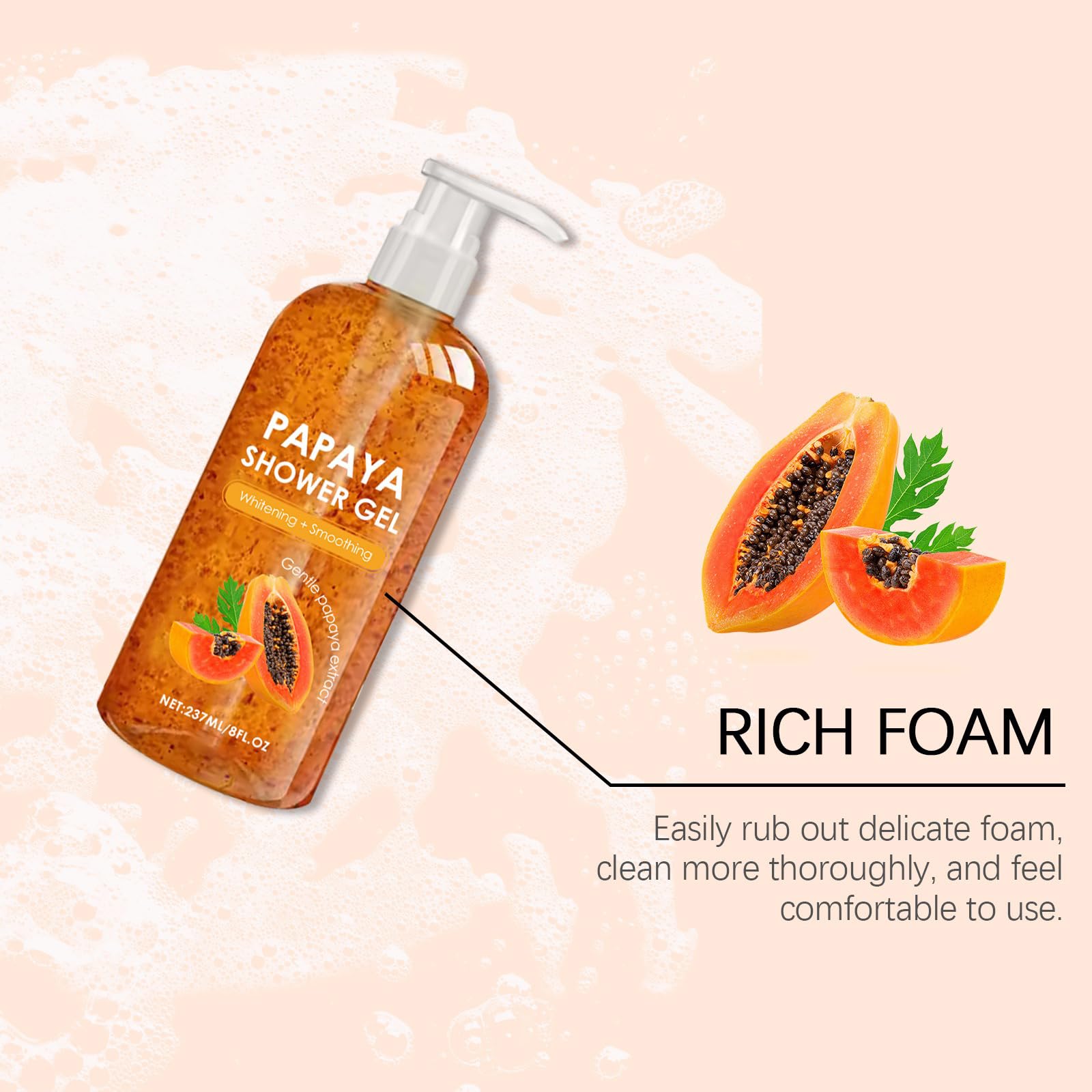 Papaya żel pod prysznic, peelingujący papaja, wygładzający, peelingujący, pielęgnujący i nawilżający, głęboko oczyszczający i rozjaśniający żel pod prysznic dla mężczyzn i kobiet, 237 ml (3)