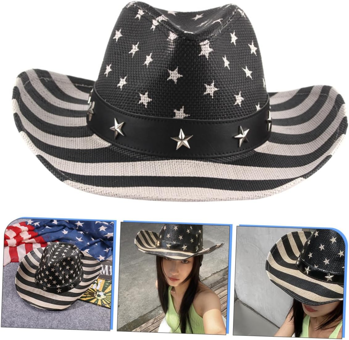 American Flag Cowboy Hat Straw Western Hat Patriotic Decorative Sun Protection Unisex Outdoor Black