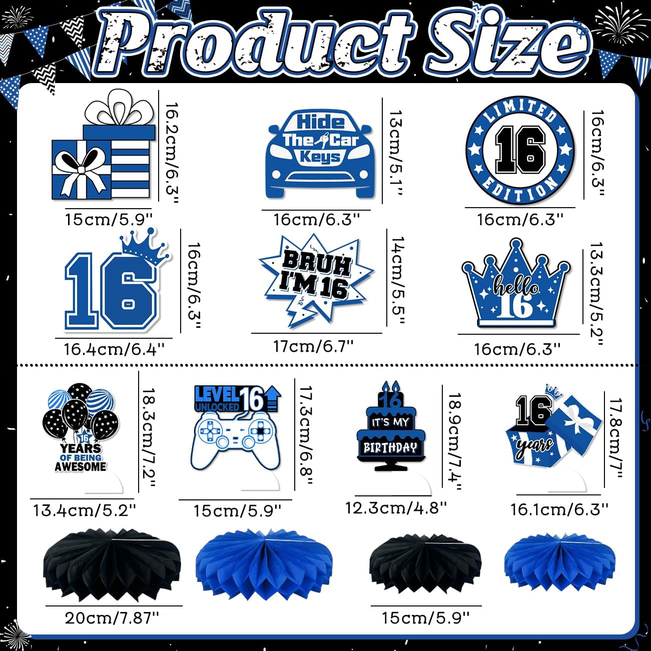 16th Birthday Decorations for Boys Black and Blue Happy16th Birthday Plates and Napkins Tablecloth Banner Awesome Since 2010 Backdrop Hide The Car Keys Topper Balloons,Serve 25