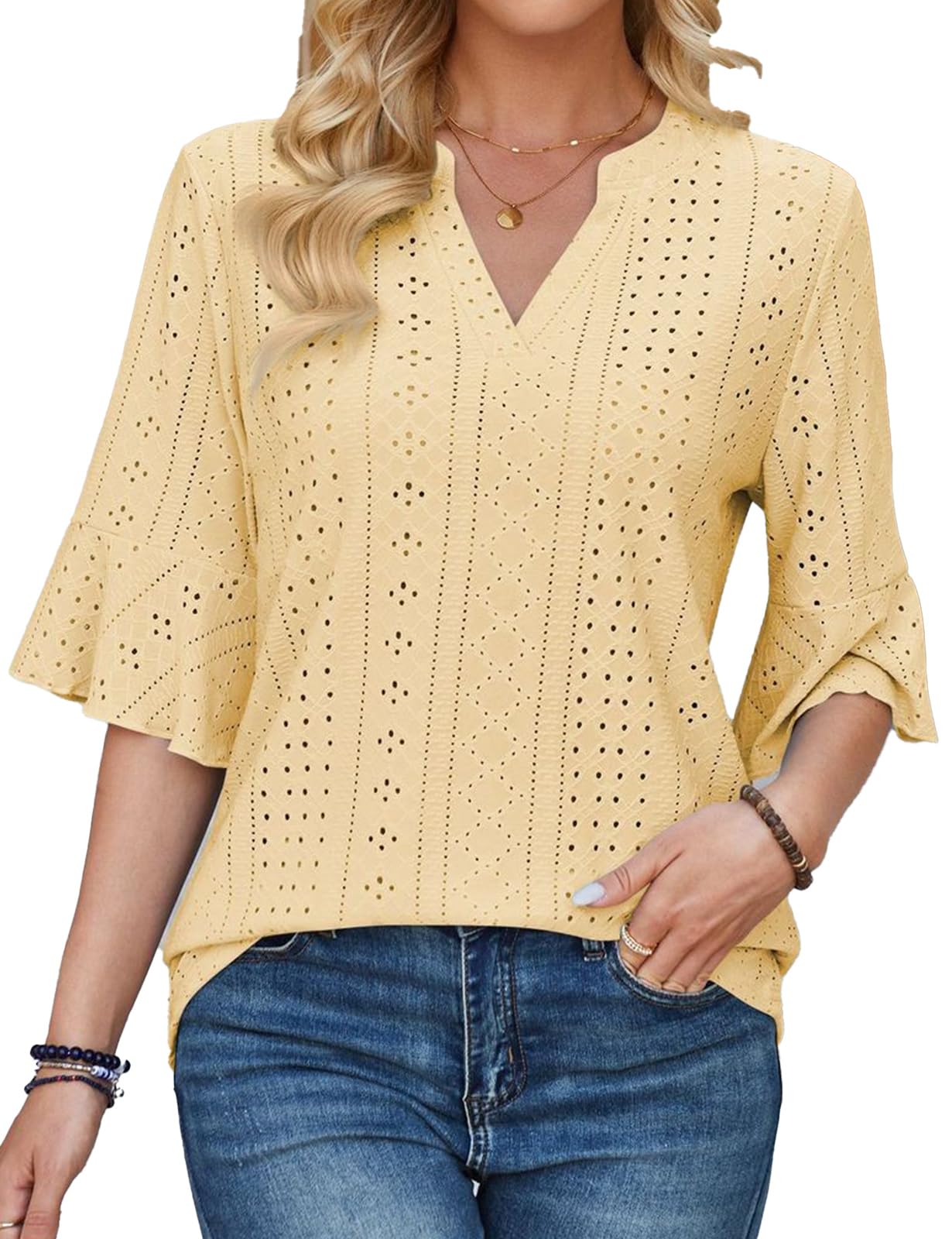 SthxyfaithWomen's 3/4 Length Sleeve Womens Eyelet Tops Loose V-Neck T-Shirts Dressy Casual Ruffle Sleeve Blouses