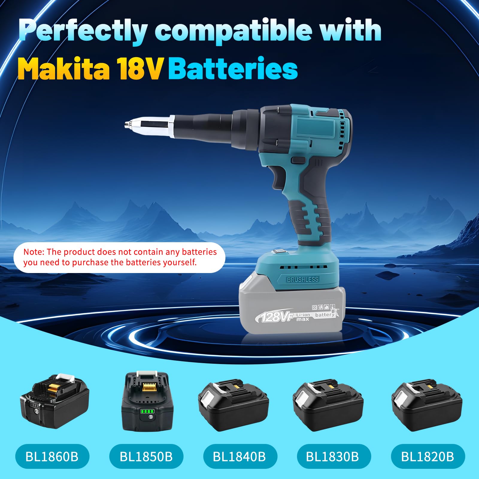 Pince à riveter sans fil compatible avec Makita 18 V | pistolet à écrou à riveter électrique 2 en 1, avec lumière LED, 20 KN, 20 rivets, adaptateurs 3,2/4,0/4,8 mm (sans batterie)
