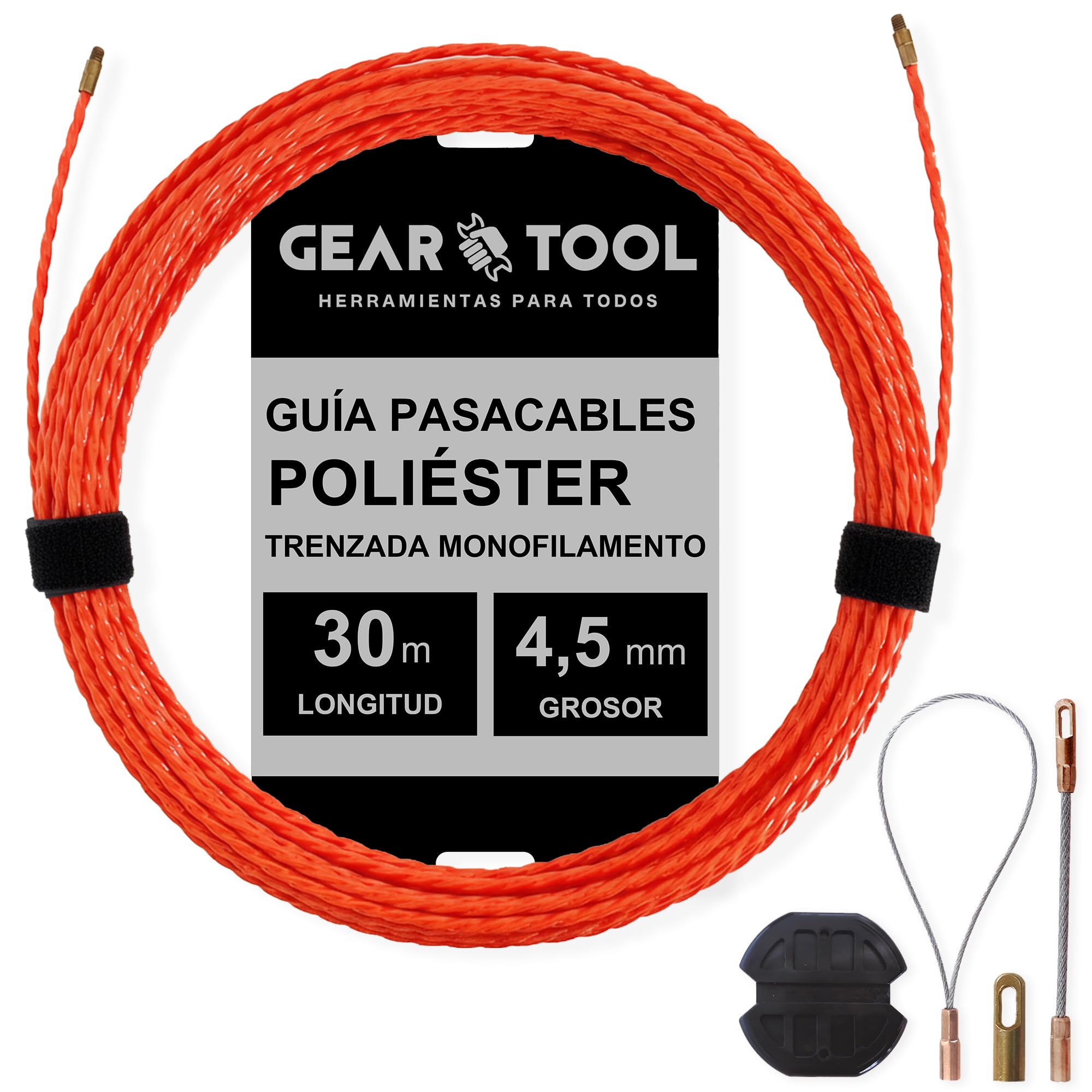 Guía Pasacables Profesional de 30m y 4.5 mm | Monofilamento Trenzado de Poliéster | Tirador Ergonómico y 3 Terminales Intercambiables | Herramienta para Electricistas y Bricolaje